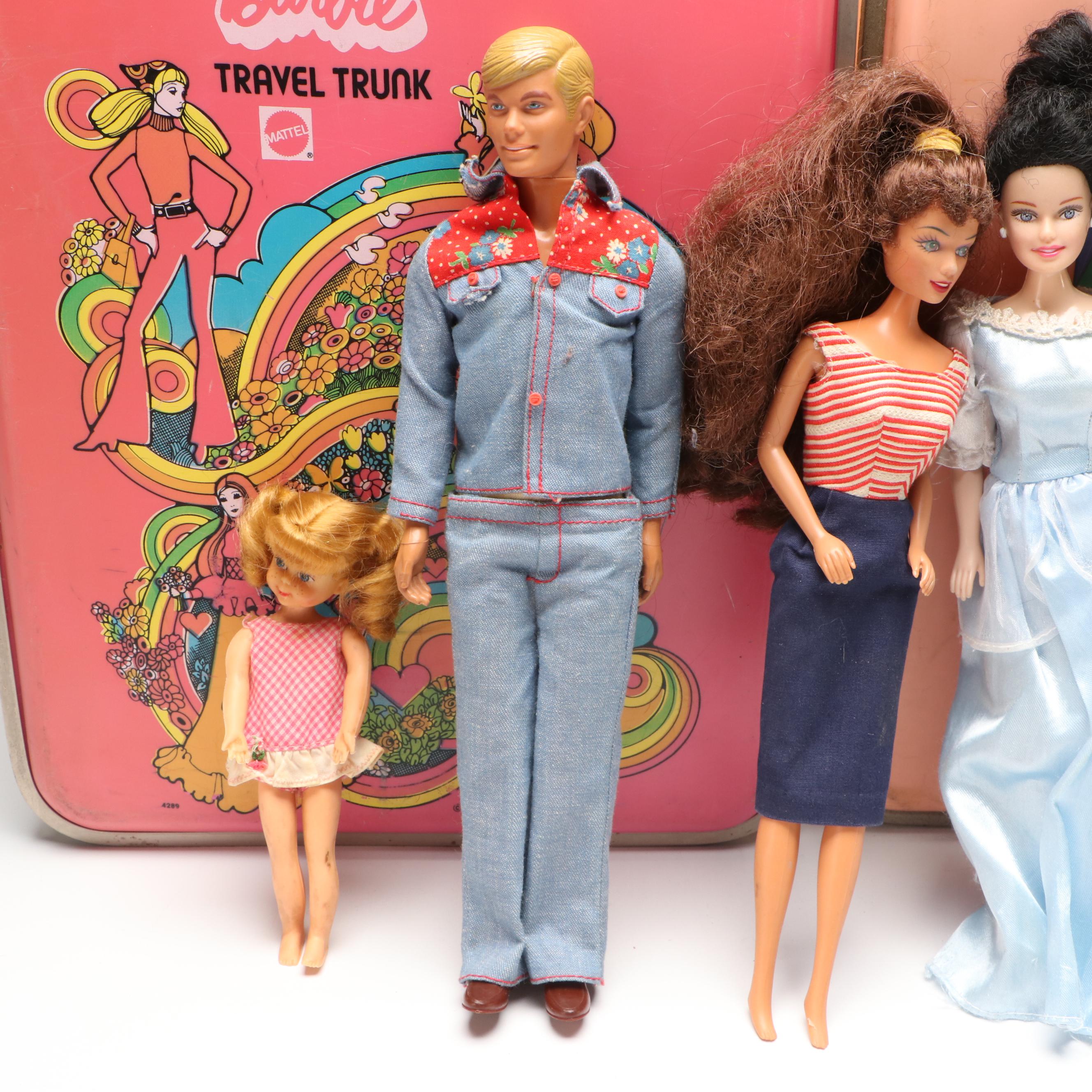 Mattel Barbie Travel Trunks with Dolls and Accessories, Mid to Late 20th Century