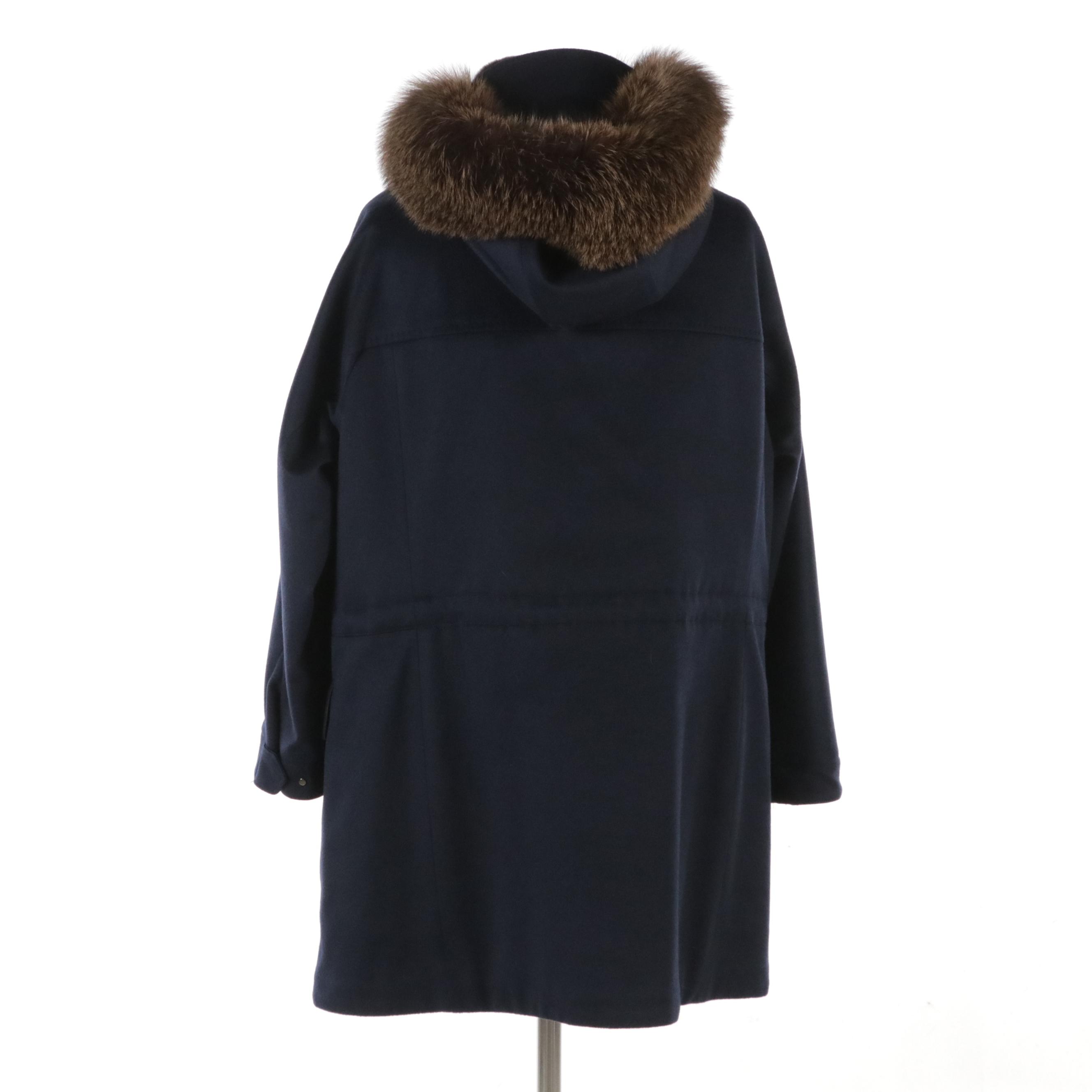 Loro Piana Navy Cashmere Coat with Dyed Fox and Sheared Nutria Fur Trim