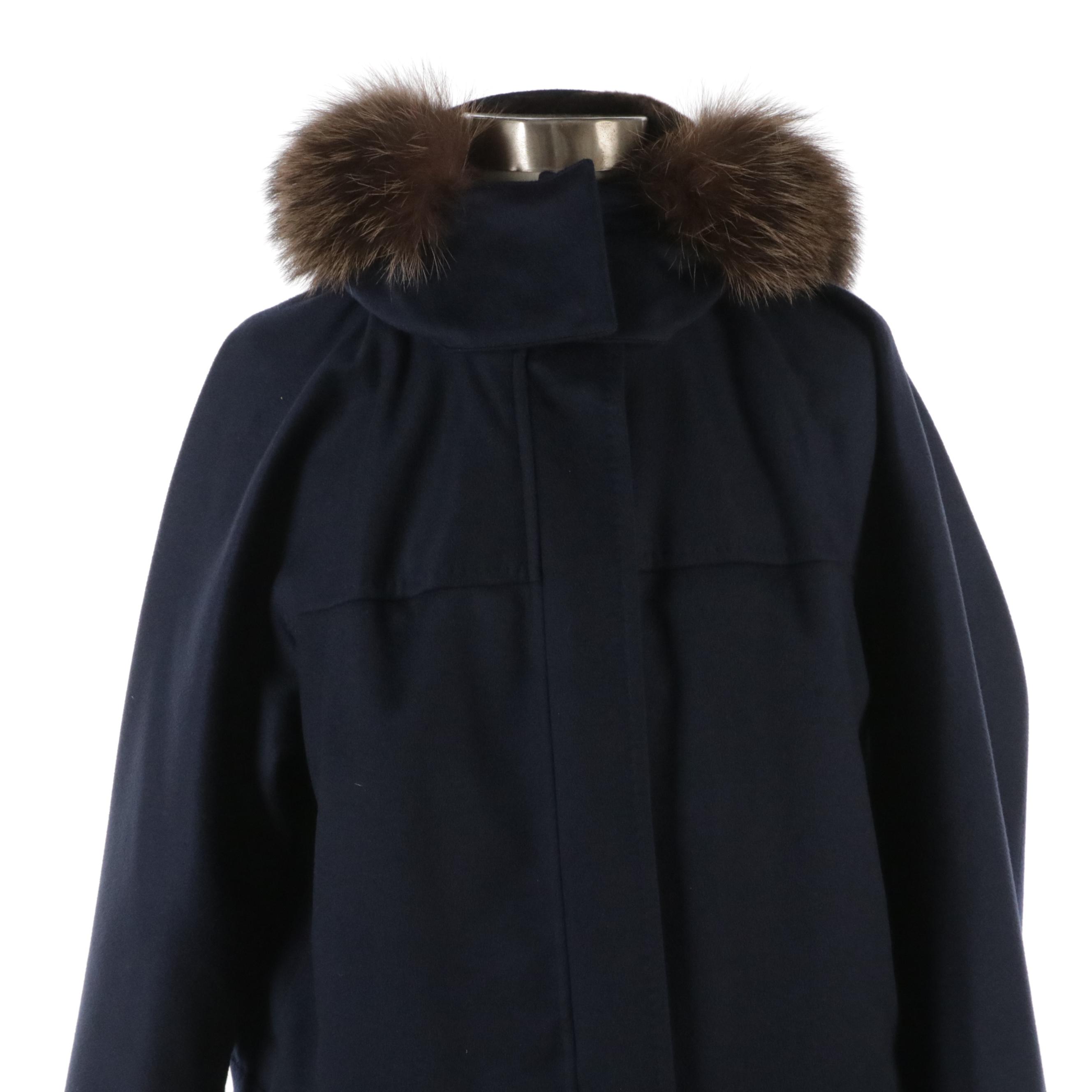 Loro Piana Navy Cashmere Coat with Dyed Fox and Sheared Nutria Fur Trim