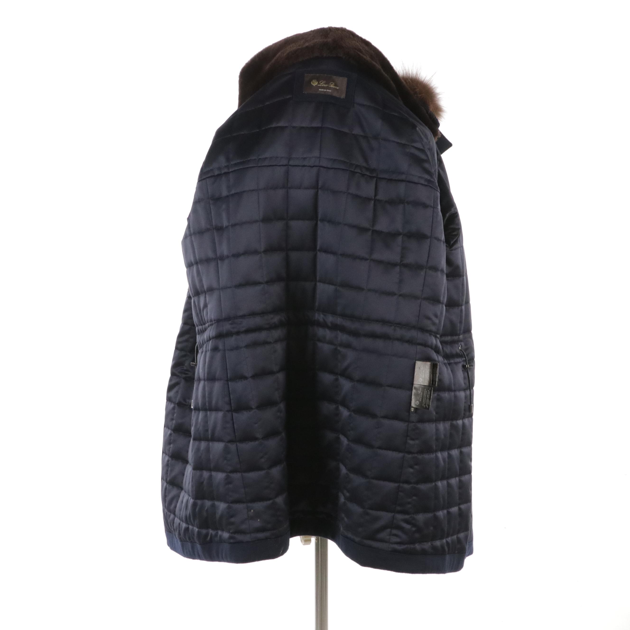 Loro Piana Navy Cashmere Coat with Dyed Fox and Sheared Nutria Fur Trim