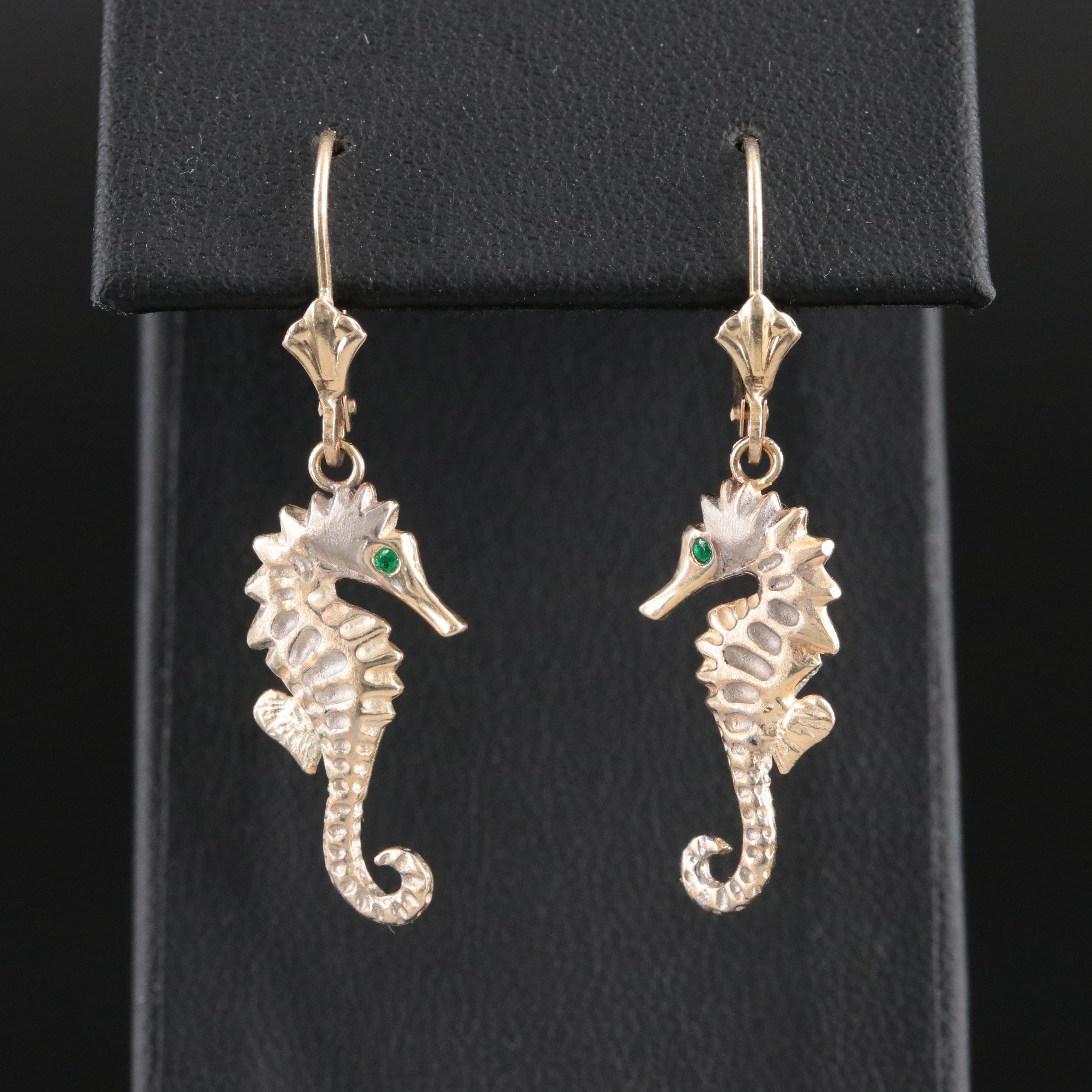 14K Seahorse Earrings with Emerald Eyes