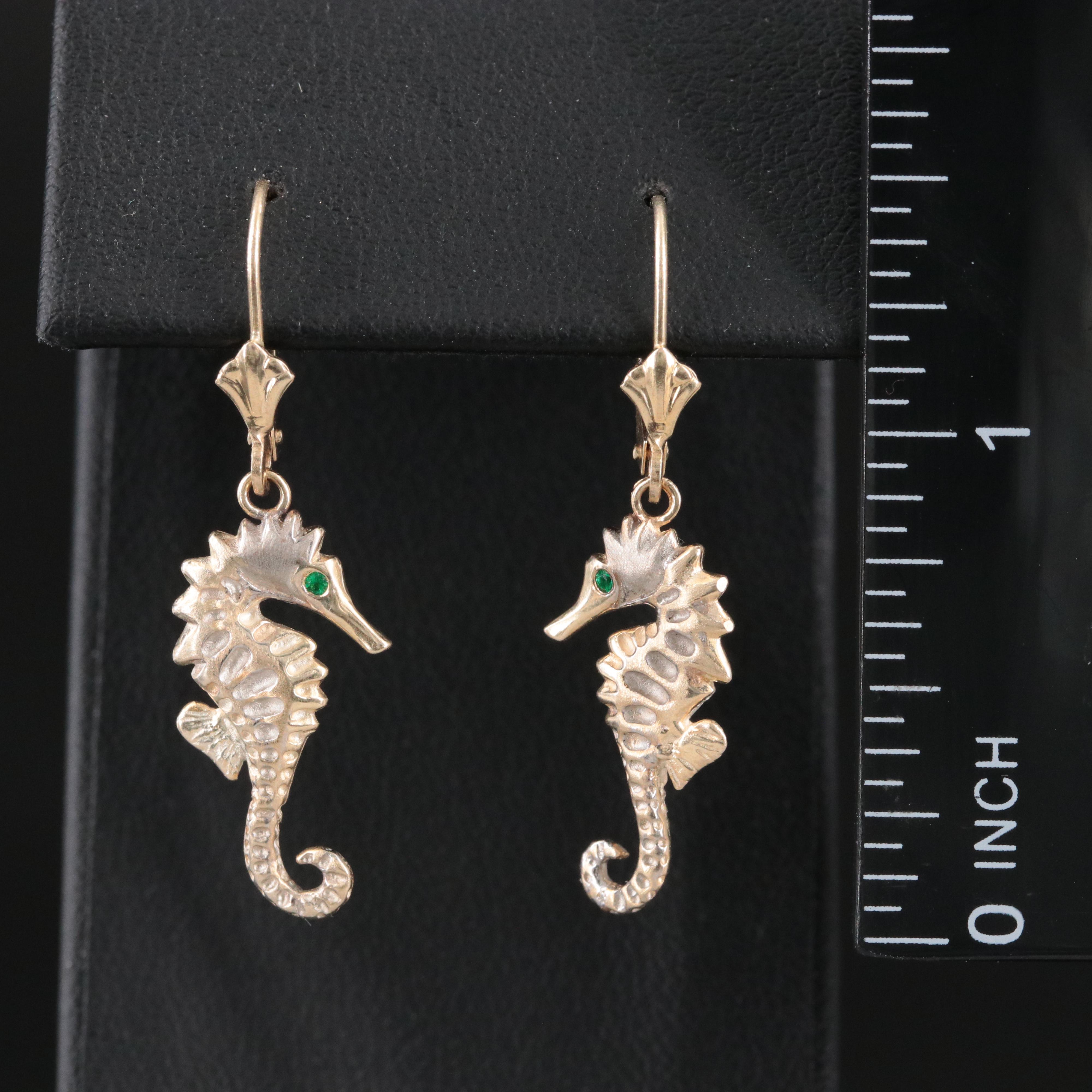 14K Seahorse Earrings with Emerald Eyes