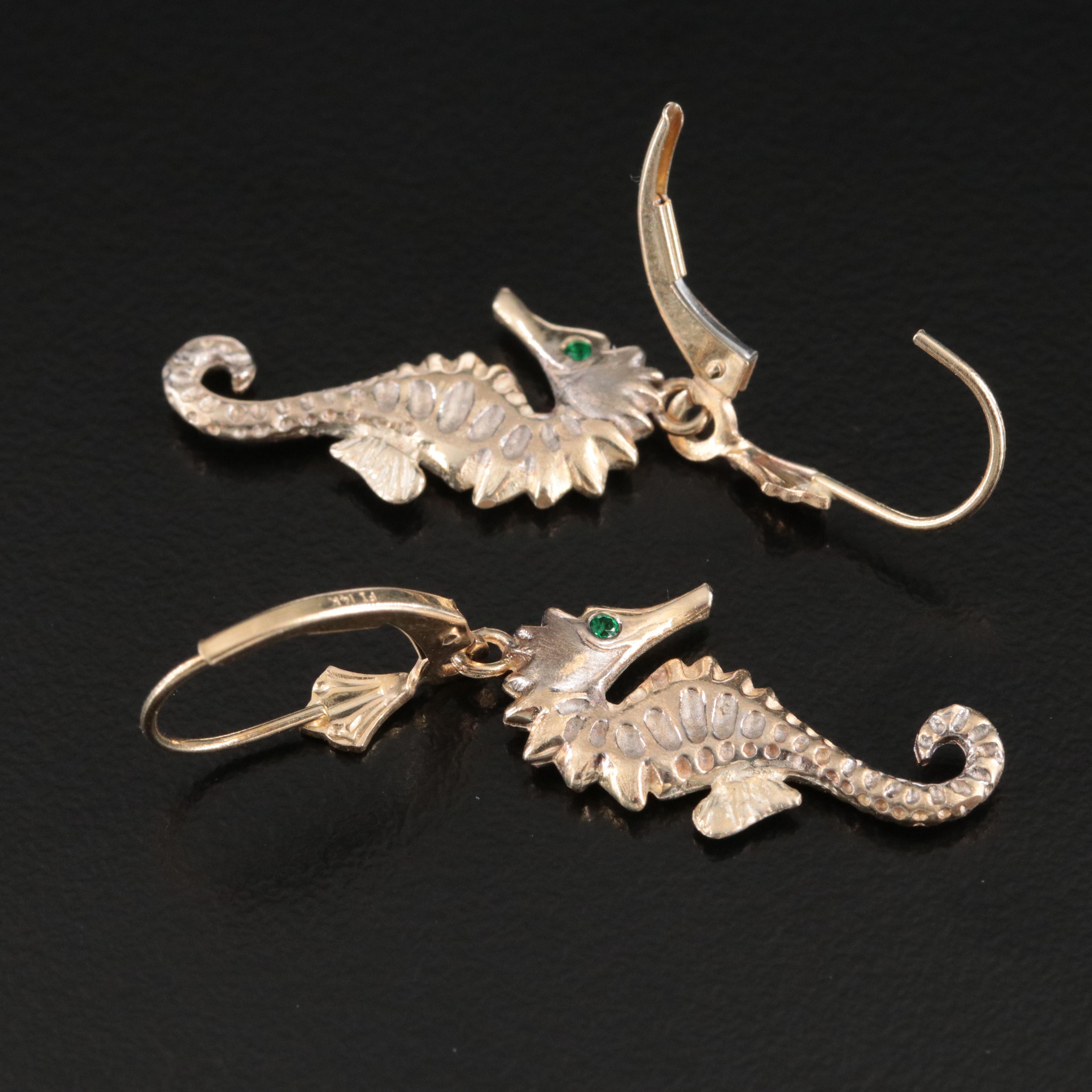 14K Seahorse Earrings with Emerald Eyes