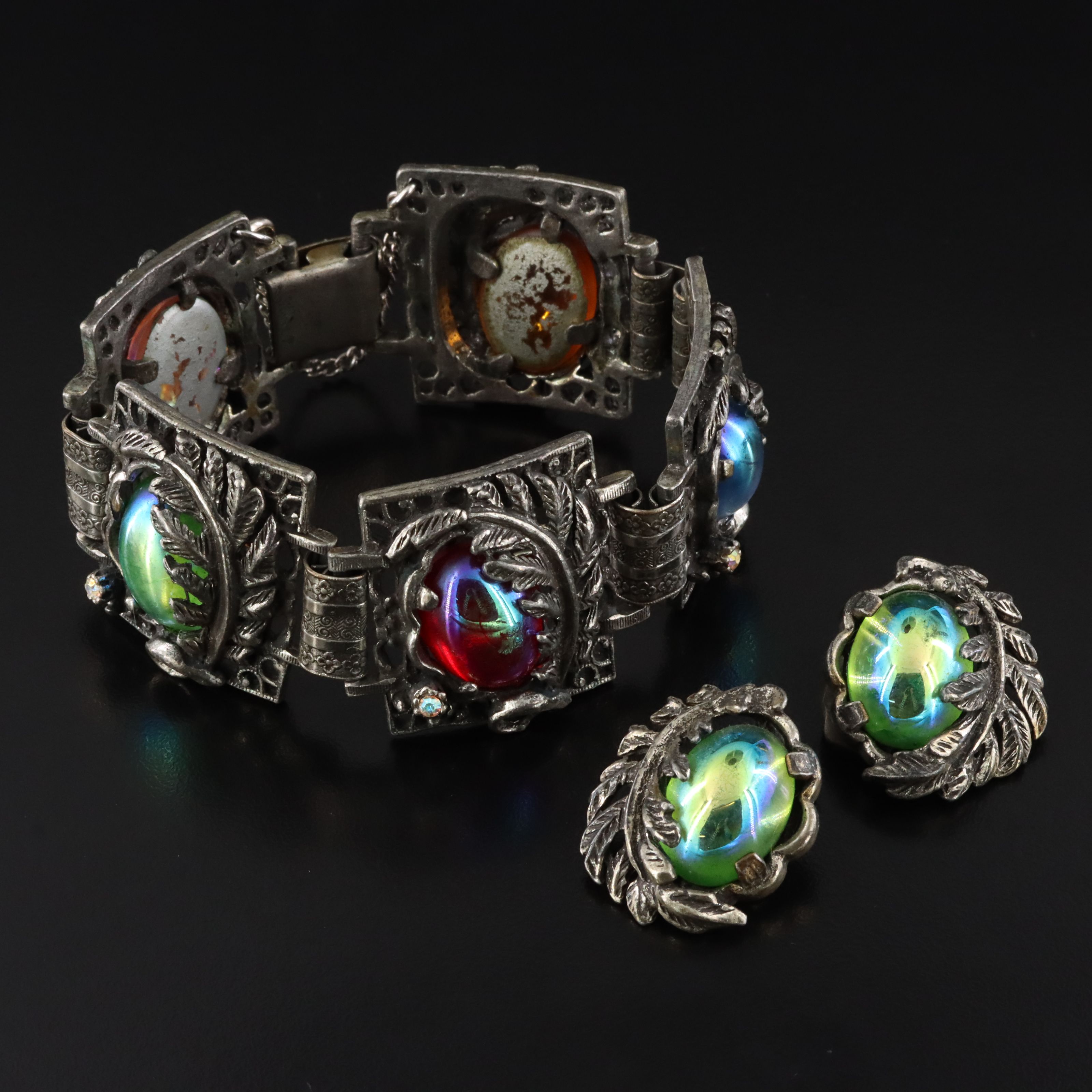 Vintage Glass Foliate Bracelet and Earrings Set