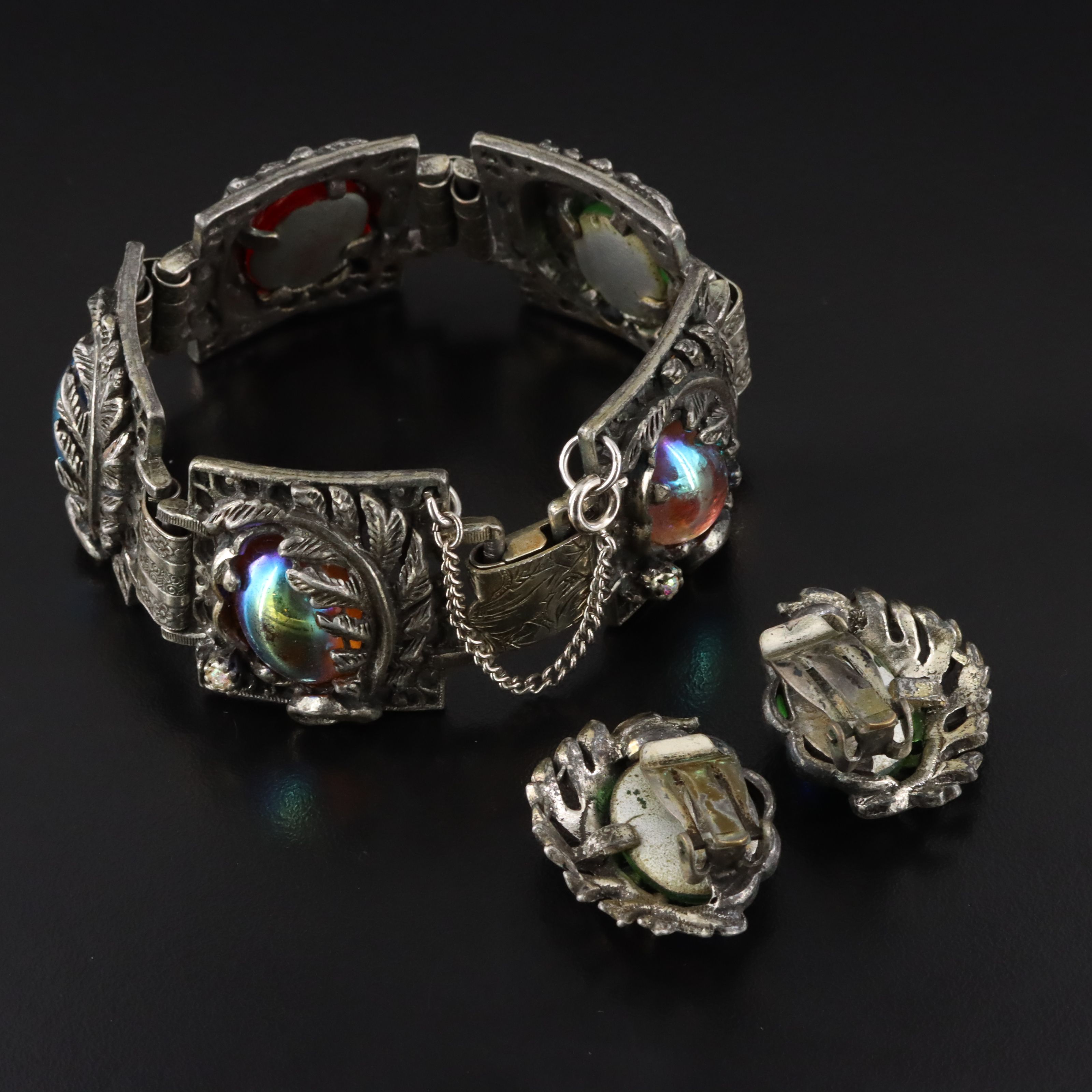 Vintage Glass Foliate Bracelet and Earrings Set