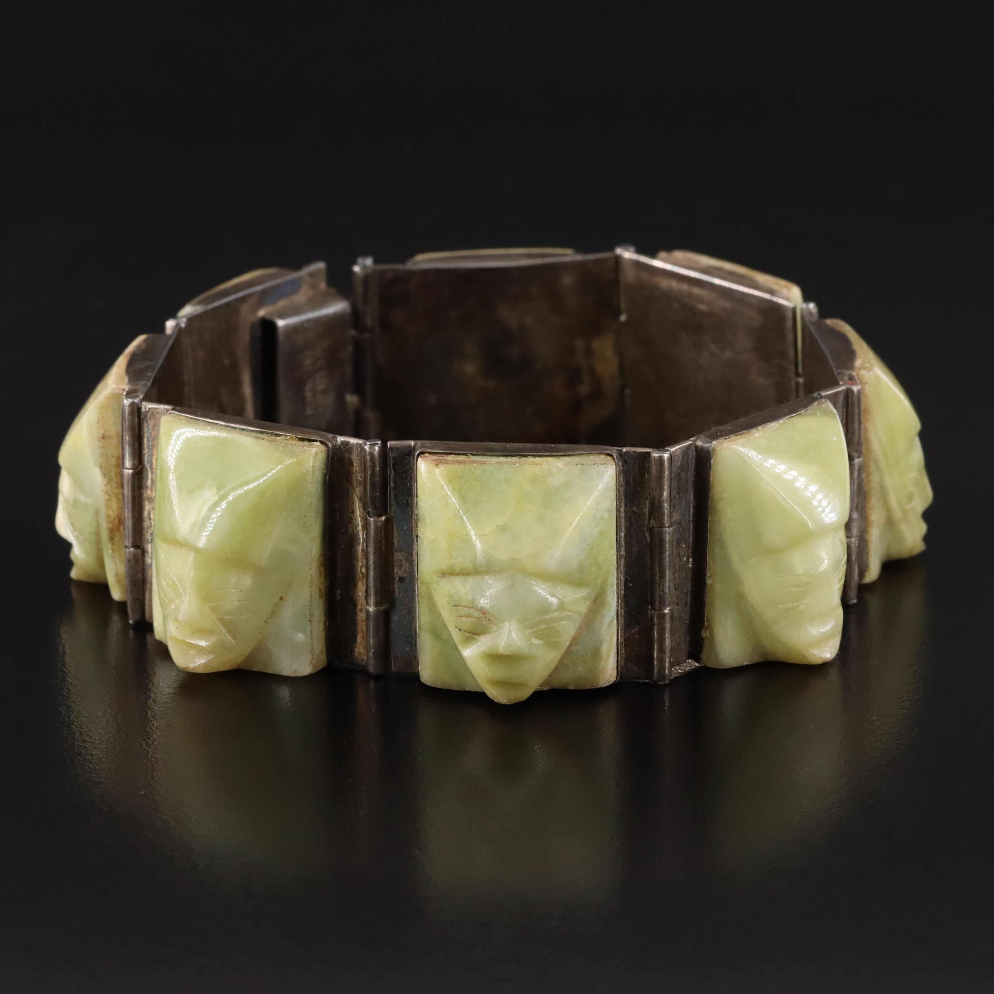 Mexican Sterling Carved Calcite Warrior Panel Bracelet