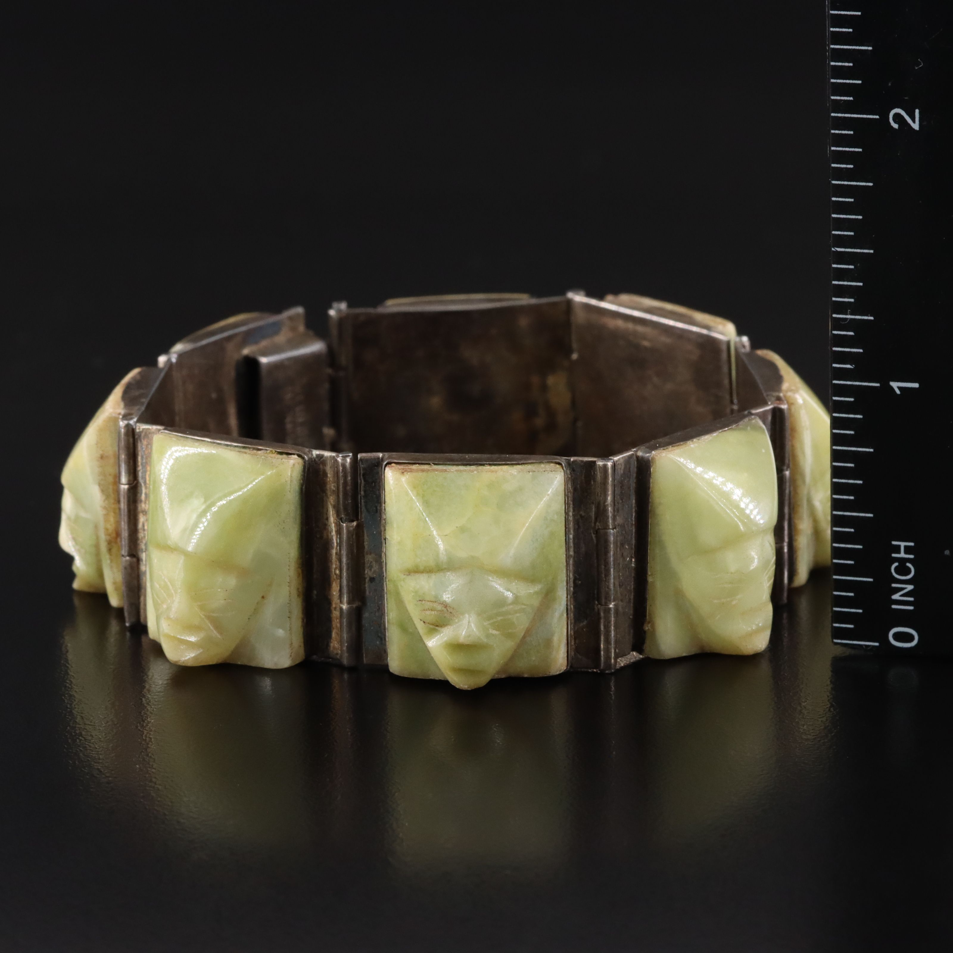 Mexican Sterling Carved Calcite Warrior Panel Bracelet