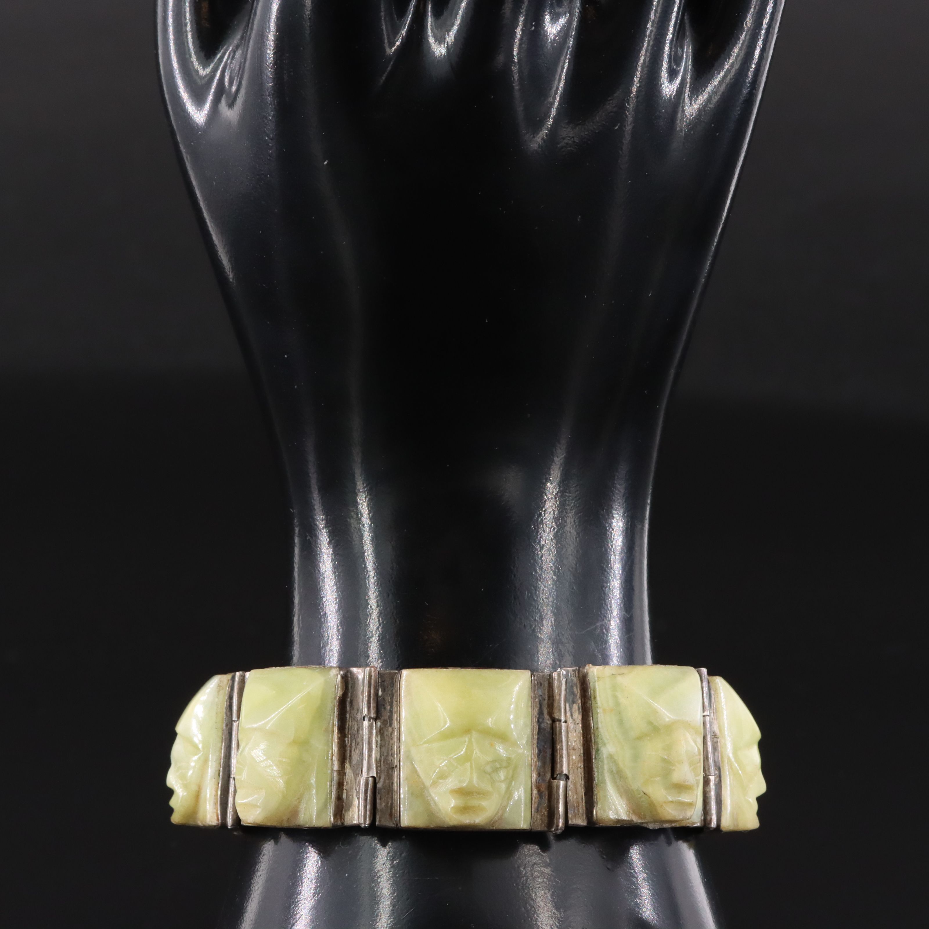 Mexican Sterling Carved Calcite Warrior Panel Bracelet