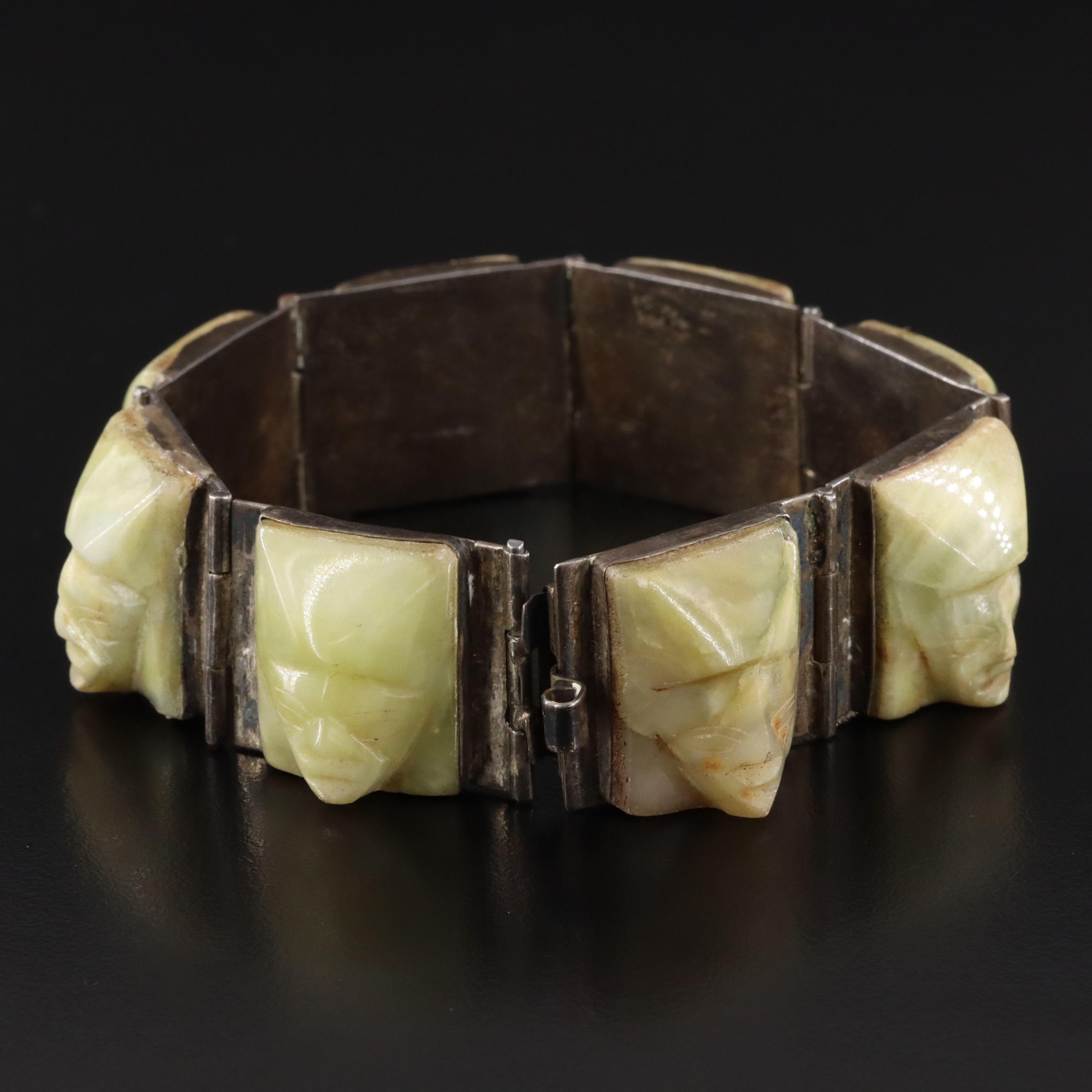 Mexican Sterling Carved Calcite Warrior Panel Bracelet