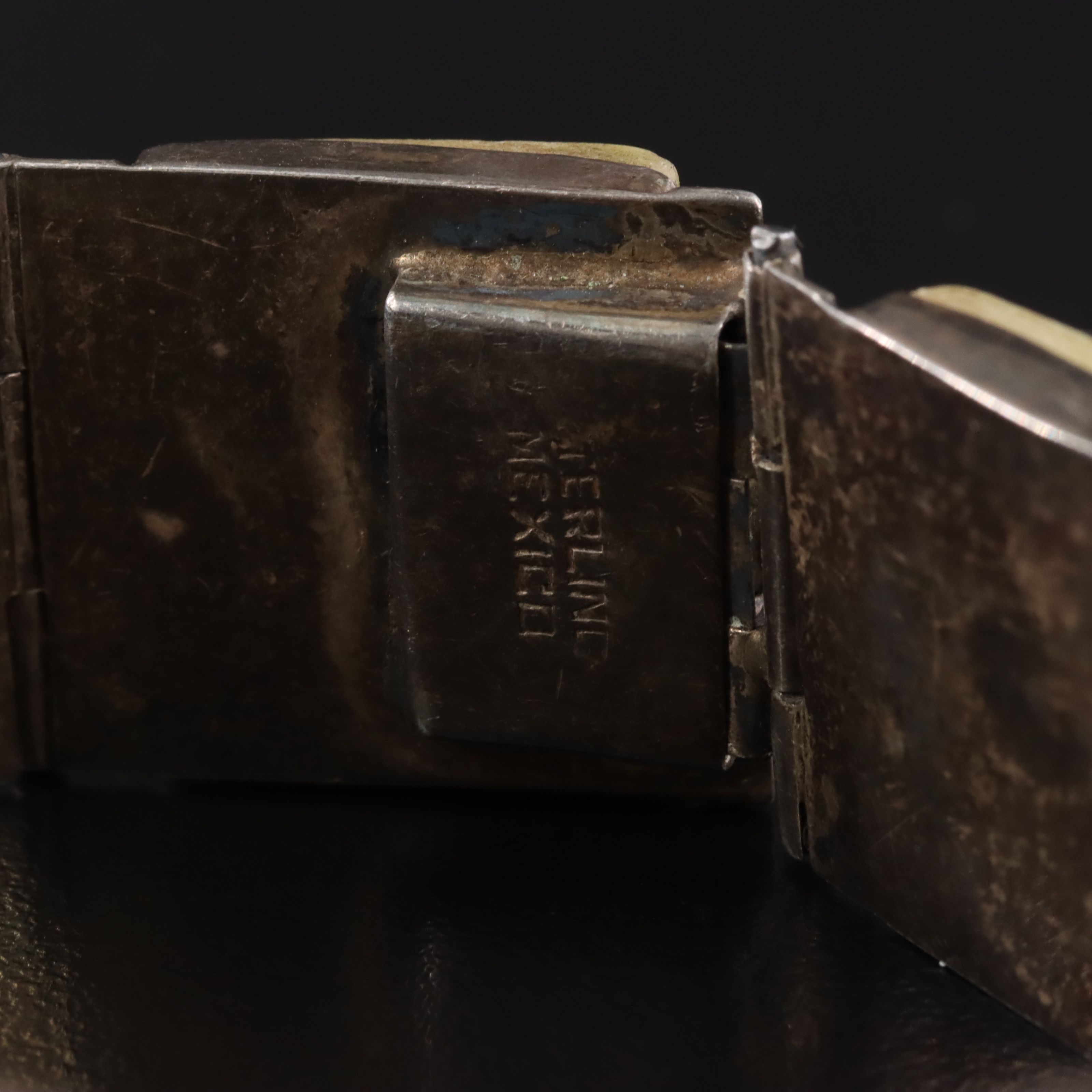 Mexican Sterling Carved Calcite Warrior Panel Bracelet