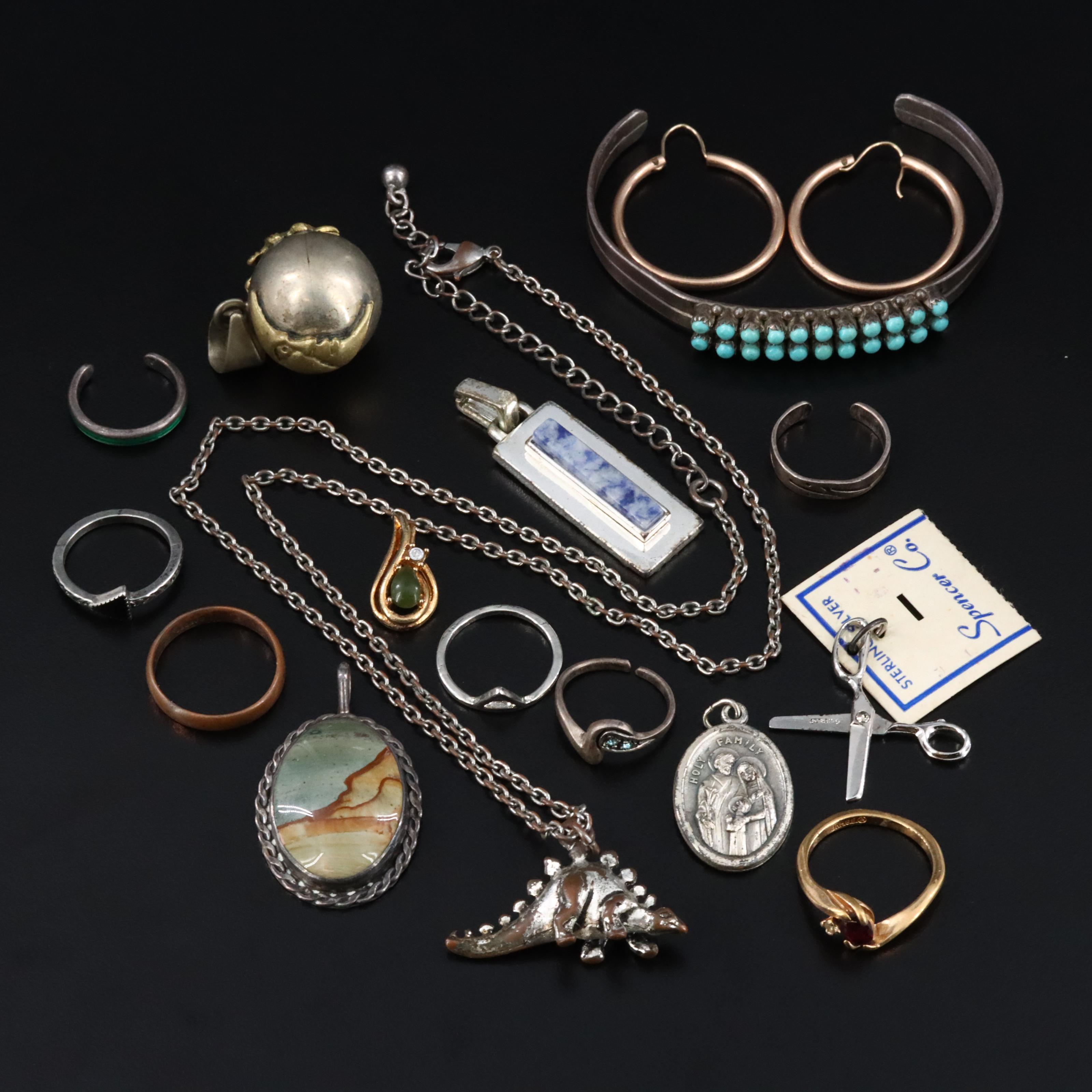 Sterling Double Row Cuff & Landscape Jasper Featured in Jewelry Assortment