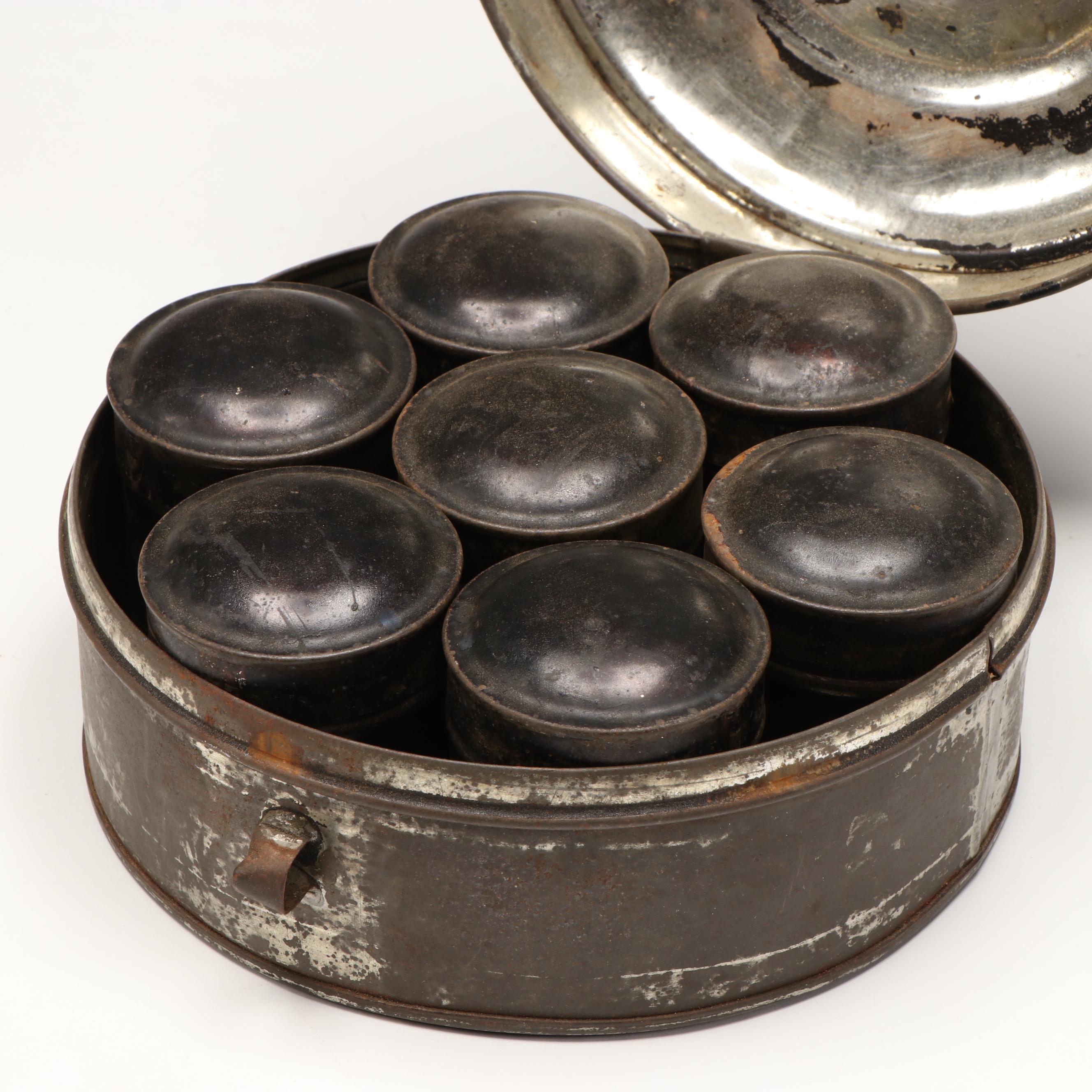 Polychrome Metal Divided Spice Drawer with Circular Metal Tea Box
