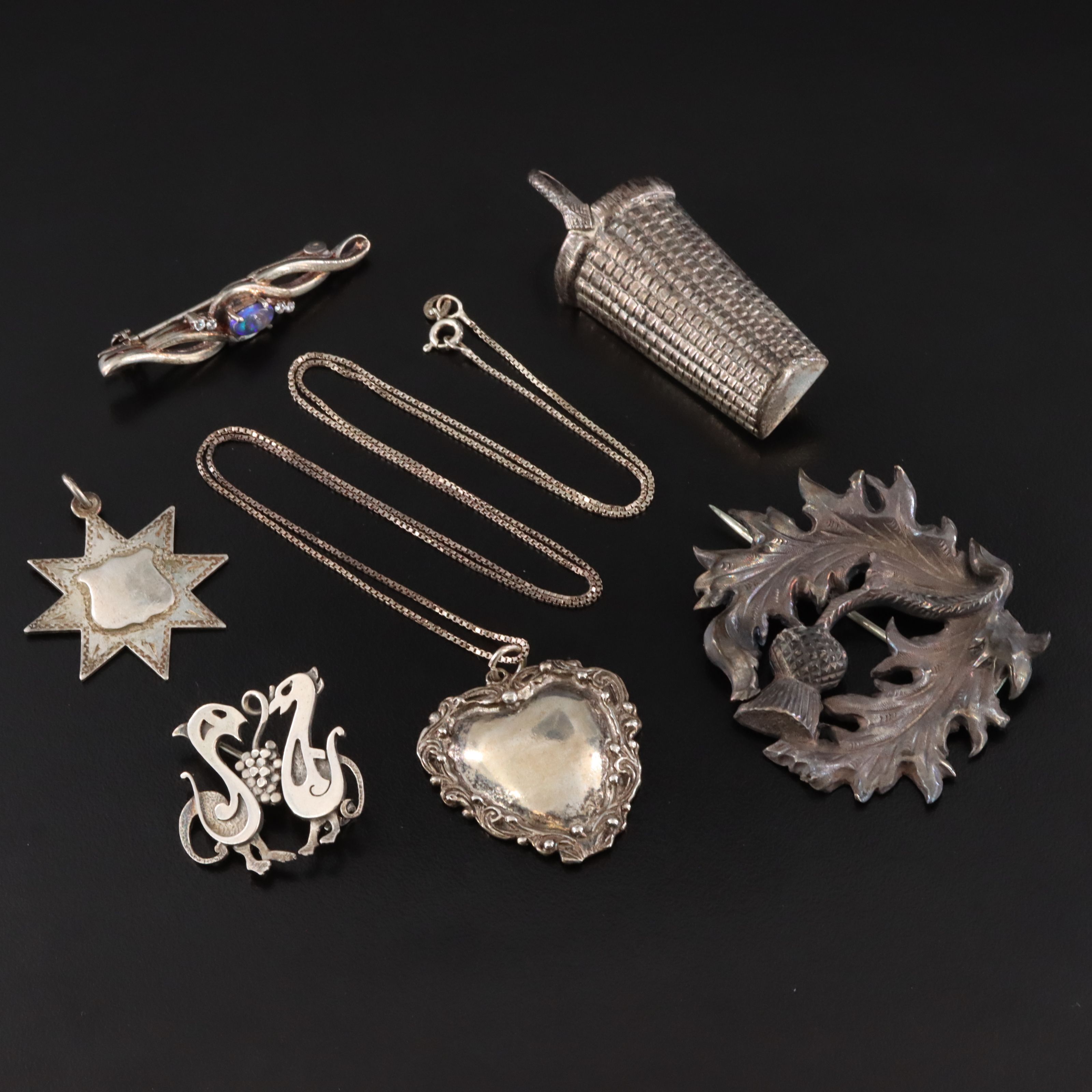 Sterling Jewelry Collection Including Victorian Scottish Thistle Brooch