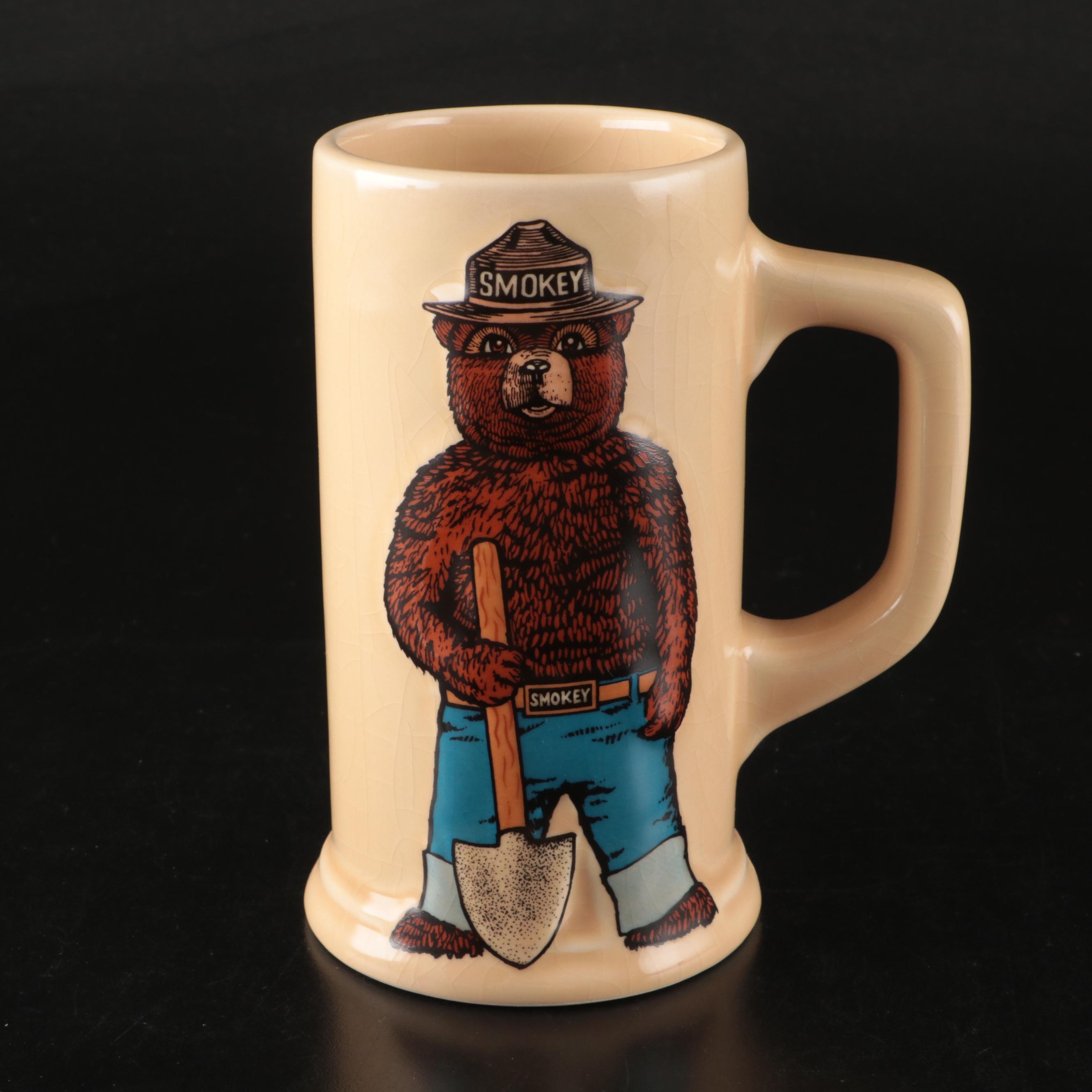 Embossed  Ceramic  Smokey the Bear Stein and Glass Tumblers