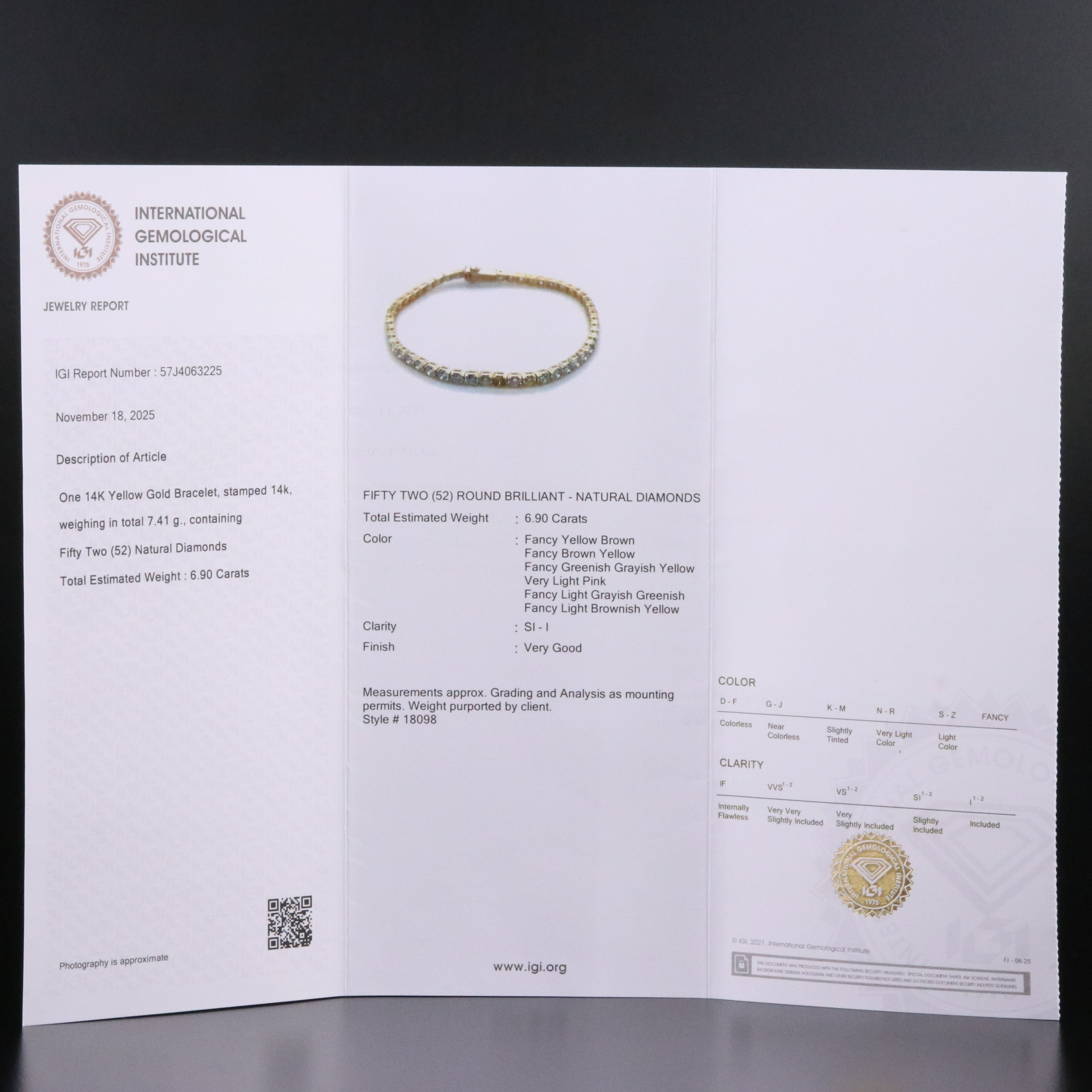 14K 6.90 CTW Fancy Diamond Line Bracelet with IGI Jewelry Report