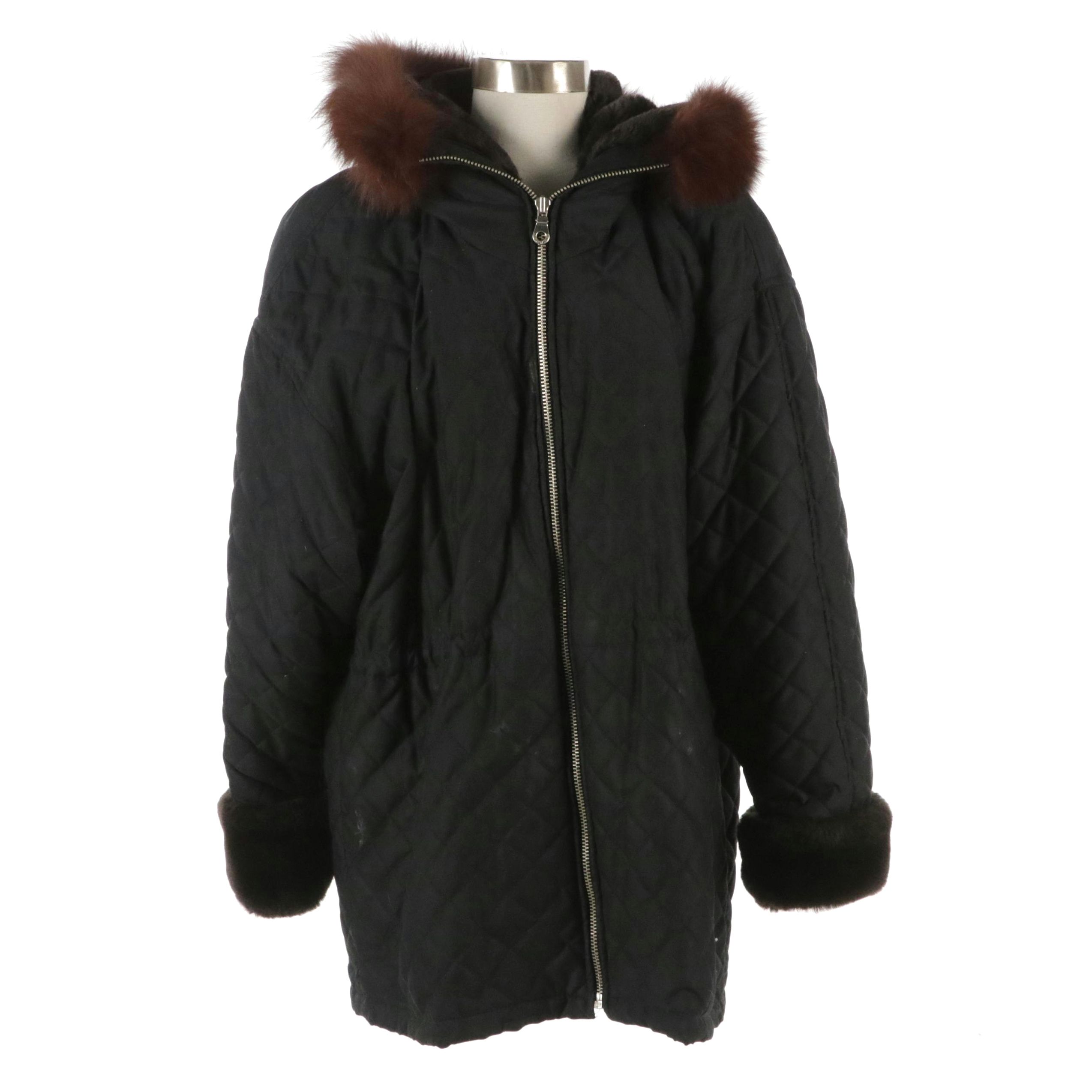 Andrew Marc Black Quilted Polyester Coat with Brown Faux Fur Trim