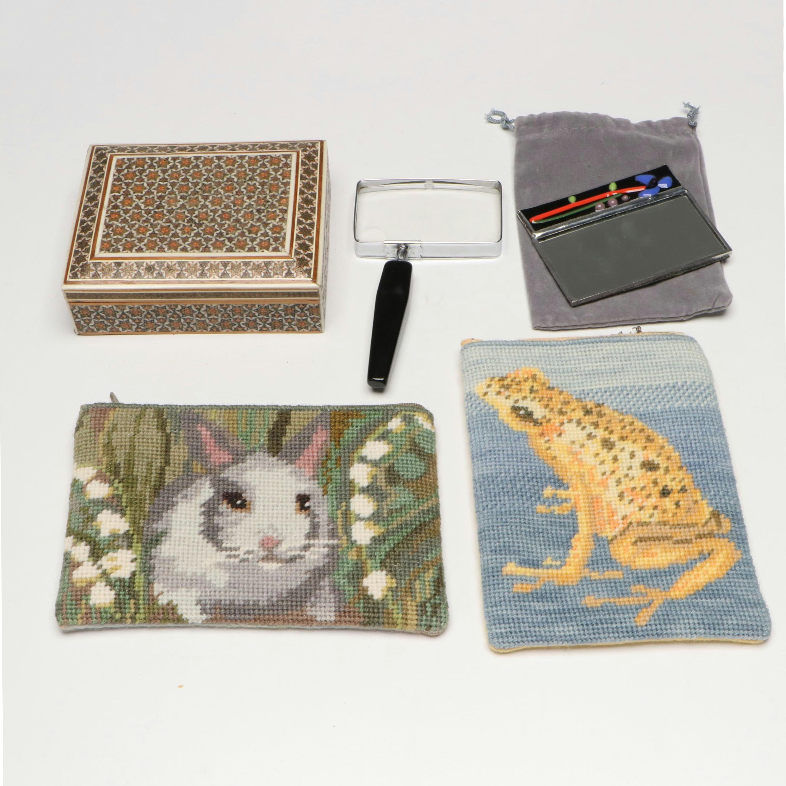 Indian Mosaic Bone Inlay and Wood Box, Needlepoint Pouches and Other Décor