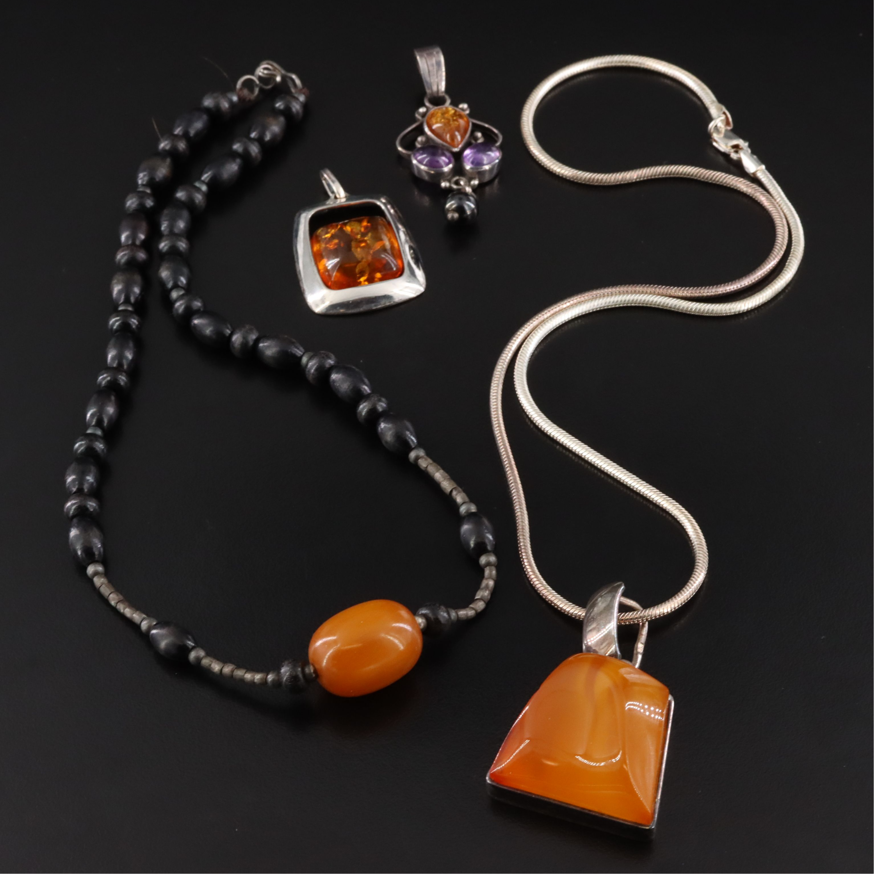 Sterling Jewelry Including Amber, Amethyst and Butterscotch Bakelite