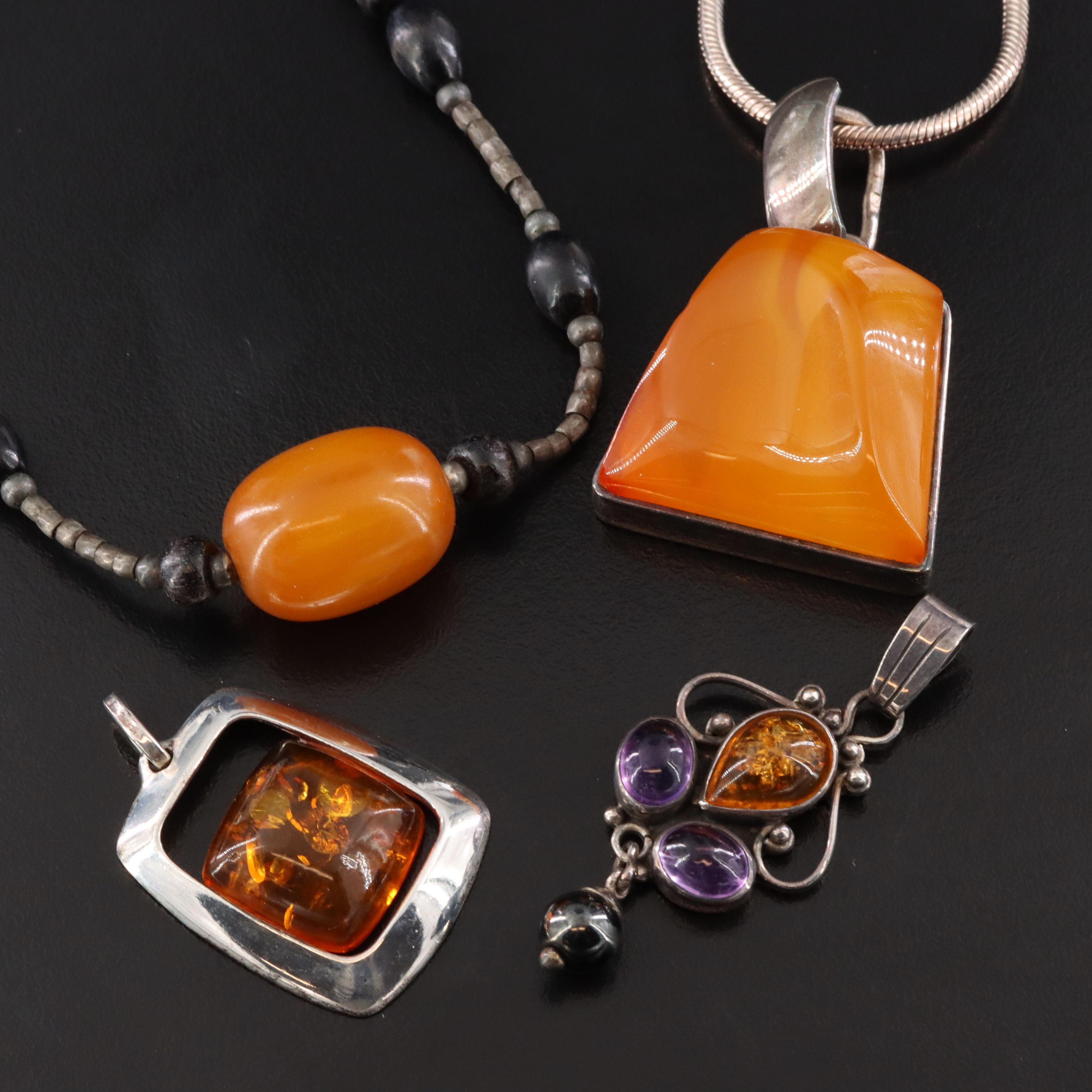 Sterling Jewelry Including Amber, Amethyst and Butterscotch Bakelite