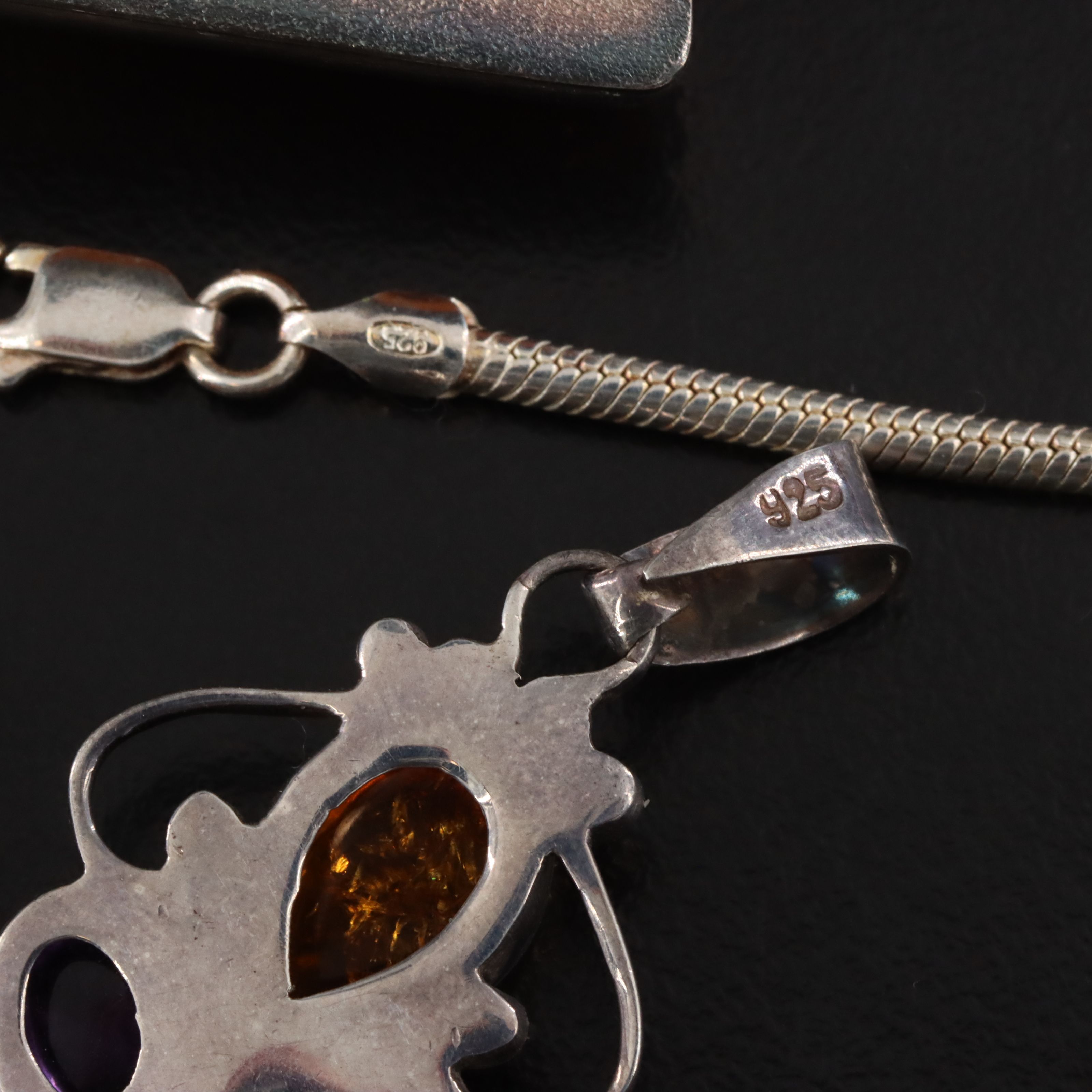 Sterling Jewelry Including Amber, Amethyst and Butterscotch Bakelite