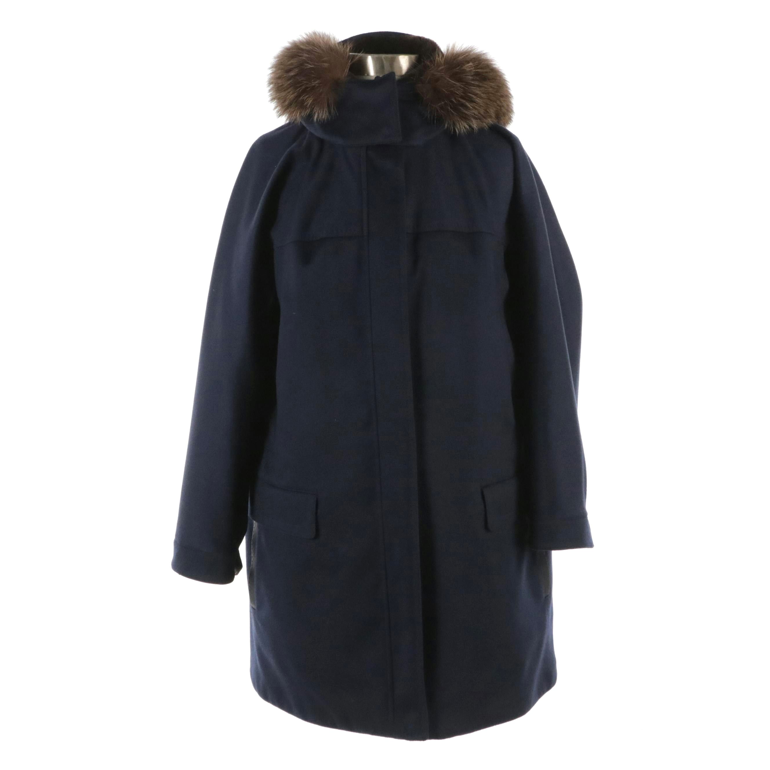 Loro Piana Navy Cashmere Coat with Dyed Fox and Sheared Nutria Fur Trim