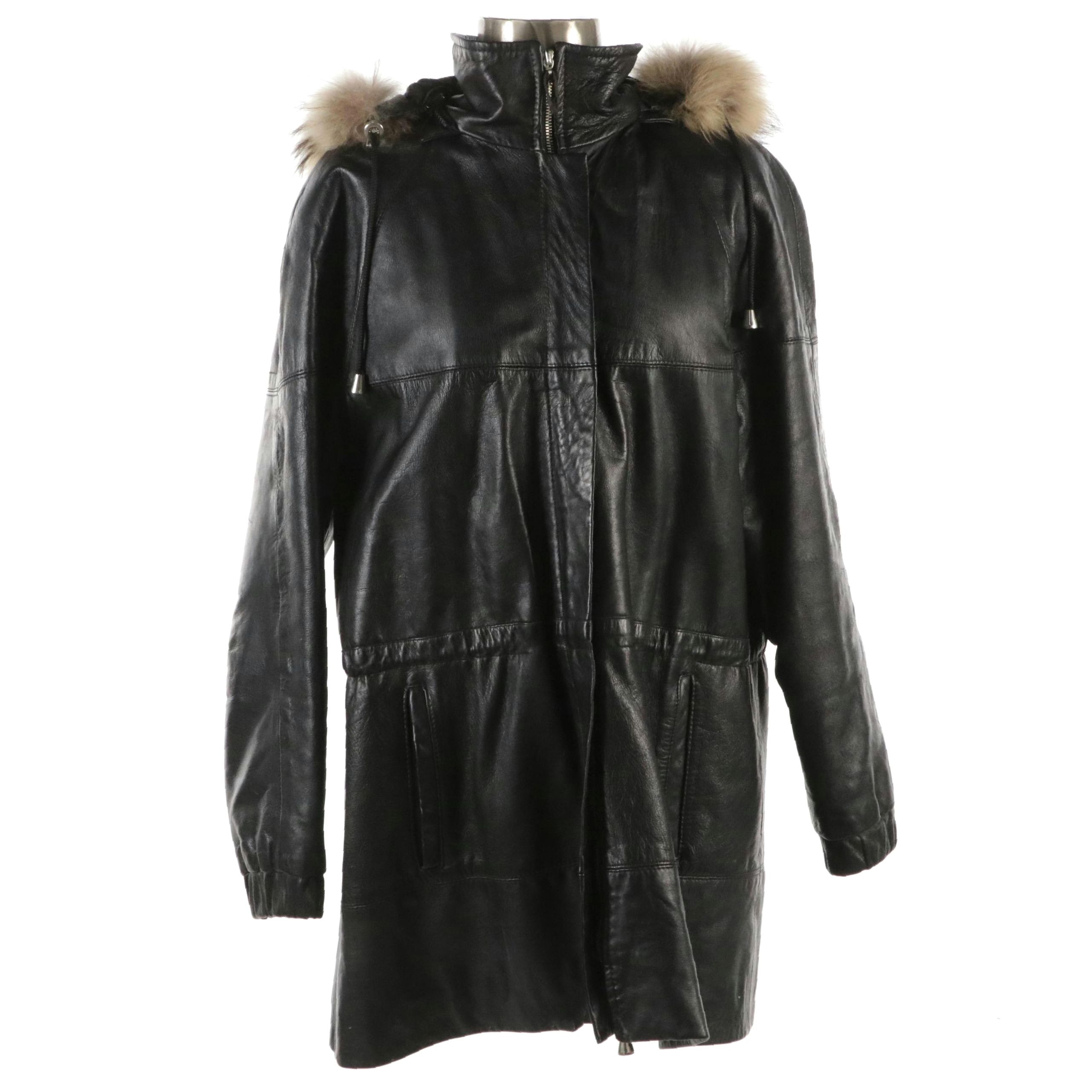 Damselle Zipper-Front Leather Jacket with Fox Fur-Trimmed Hood