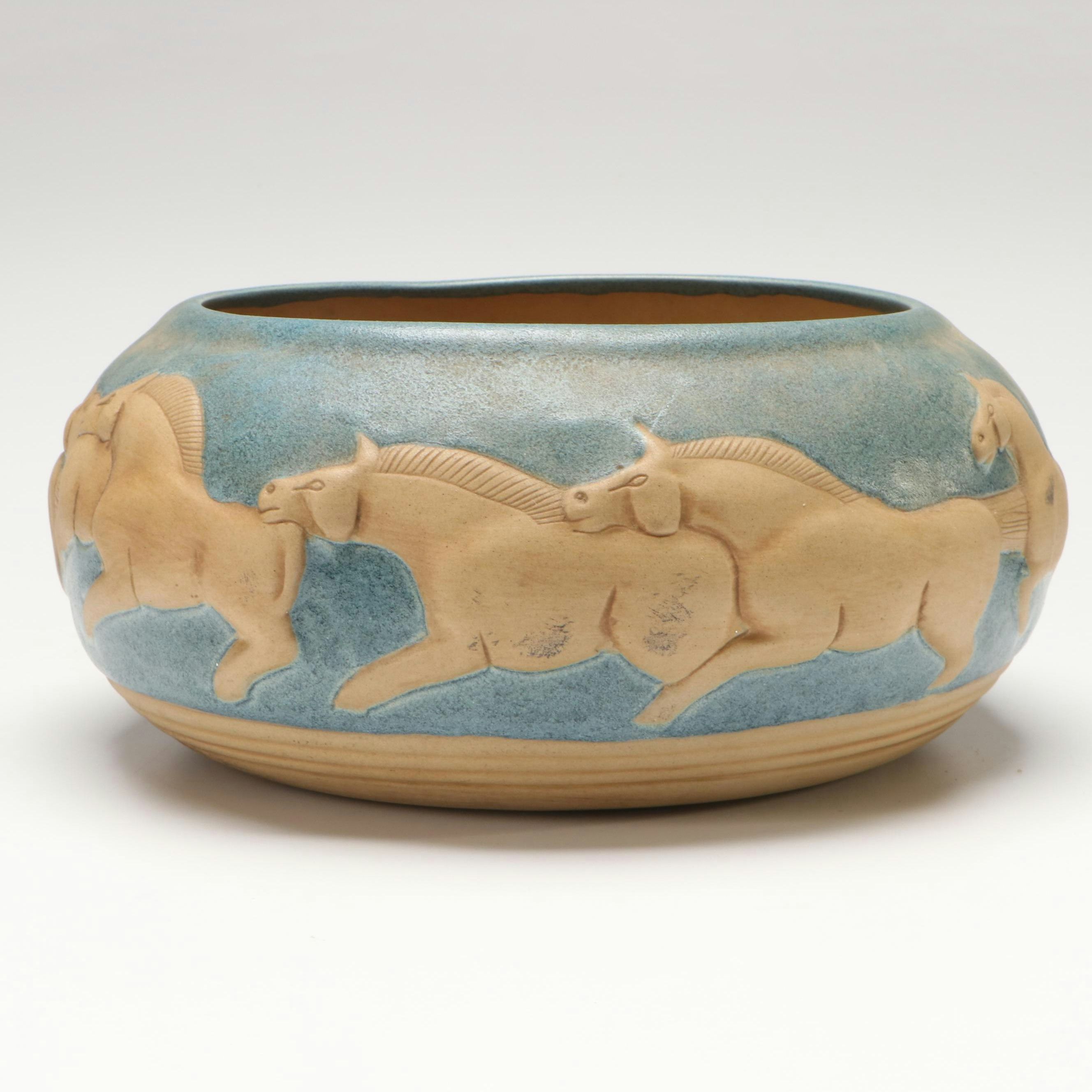 Jack Black Navajo Diné Ceramic Running Horses Low Relief Console Bowl, 1984