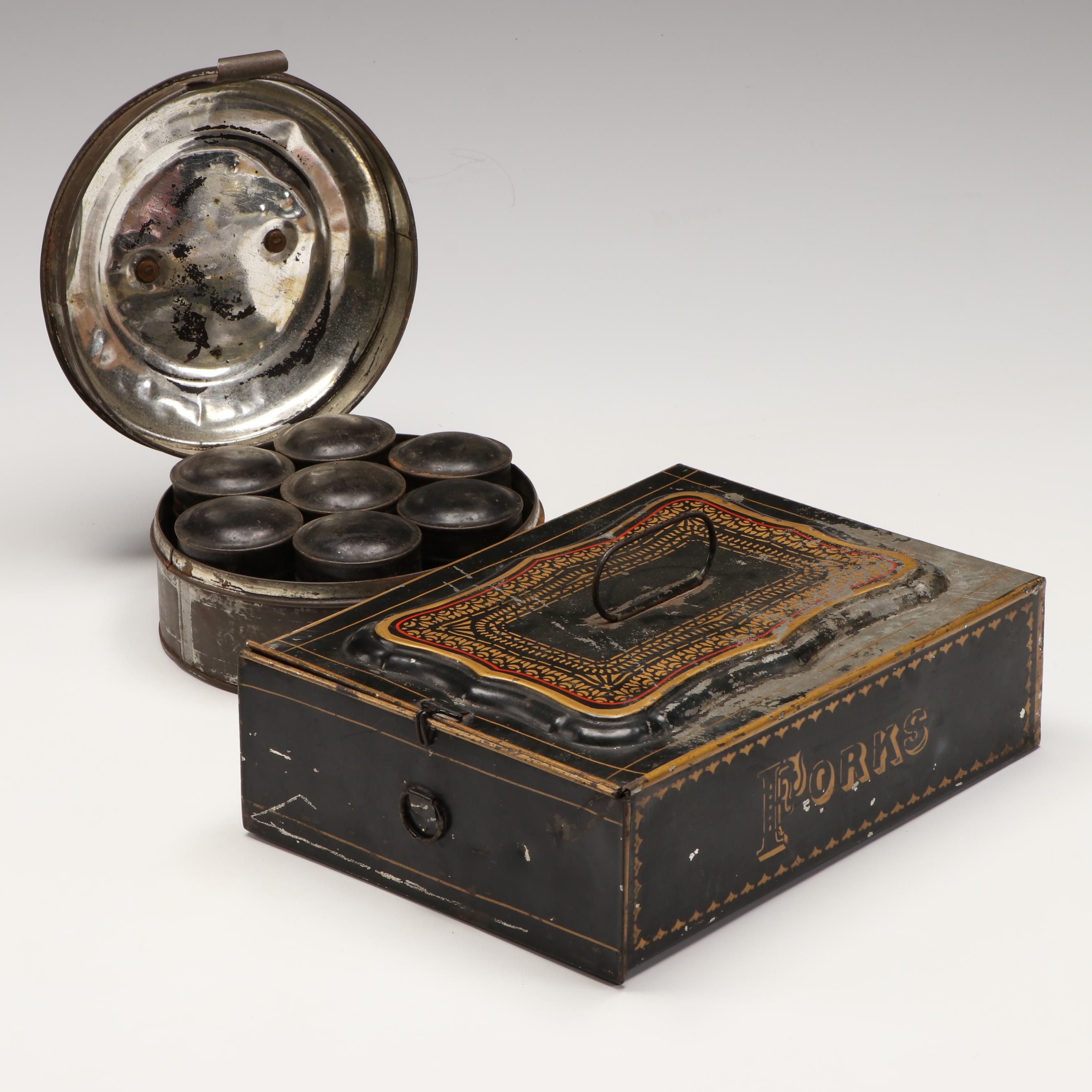 Polychrome Metal Divided Spice Drawer with Circular Metal Tea Box