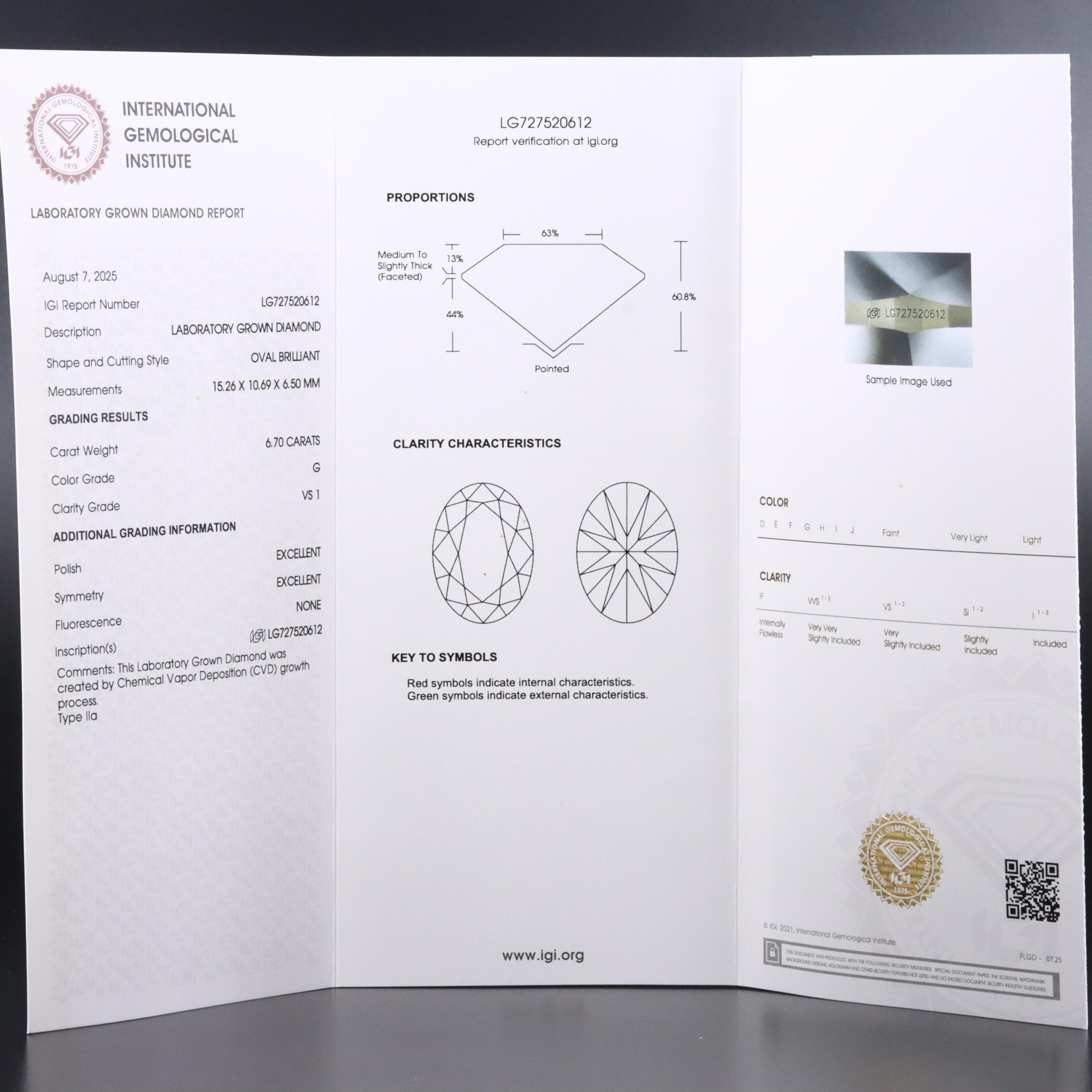Loose 6.70 CT Lab Grown Diamond with IGI Report