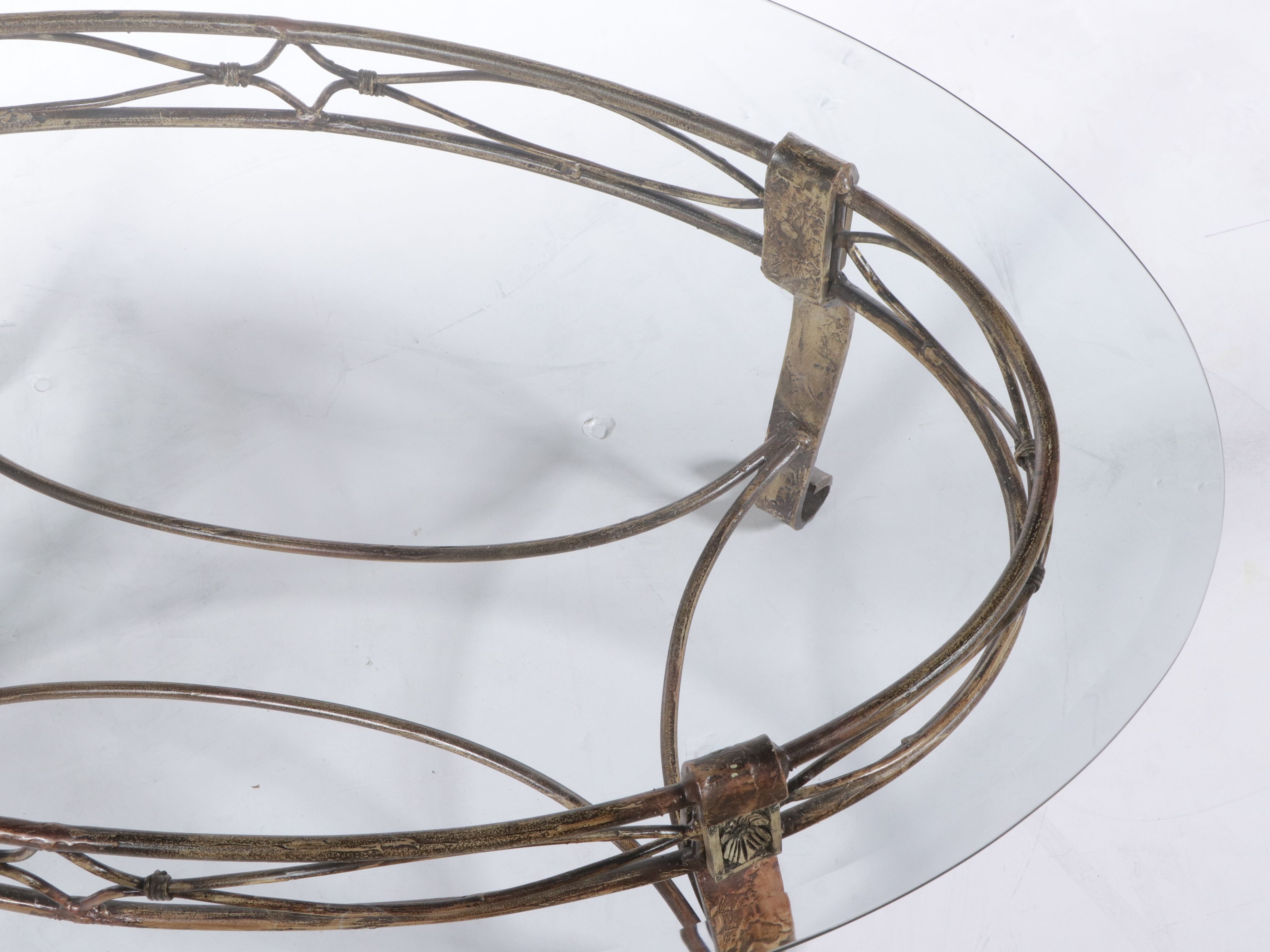 Neoclassical Style Glass Top Scrolled Metal Coffee Table