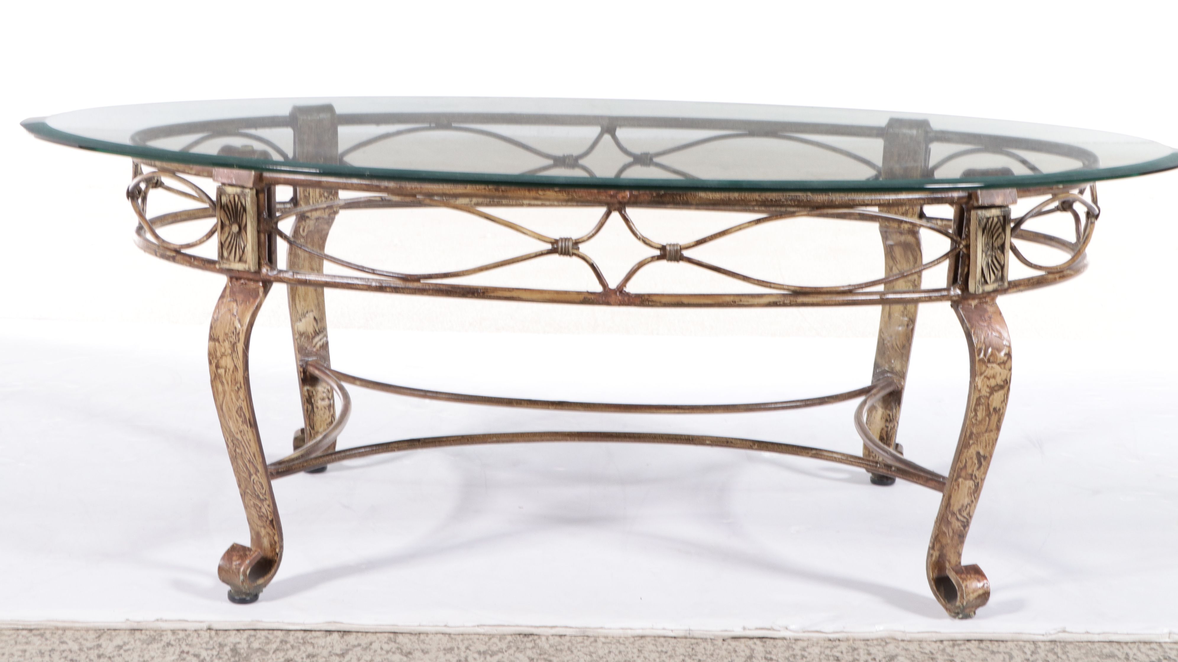 Neoclassical Style Glass Top Scrolled Metal Coffee Table