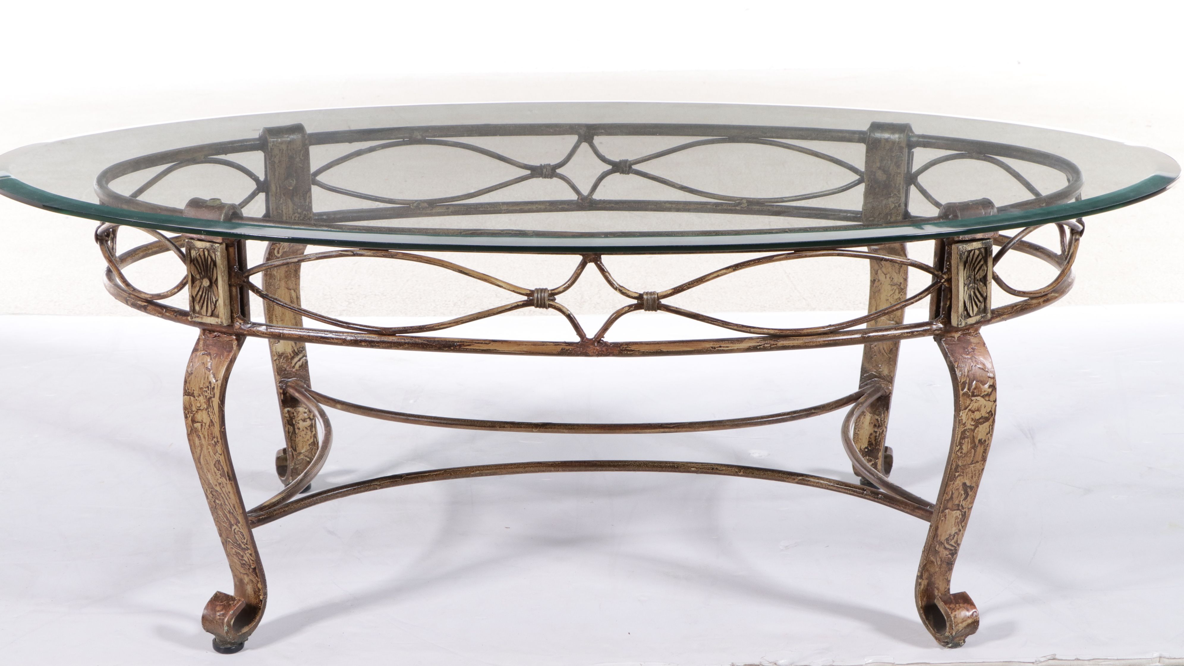 Neoclassical Style Glass Top Scrolled Metal Coffee Table