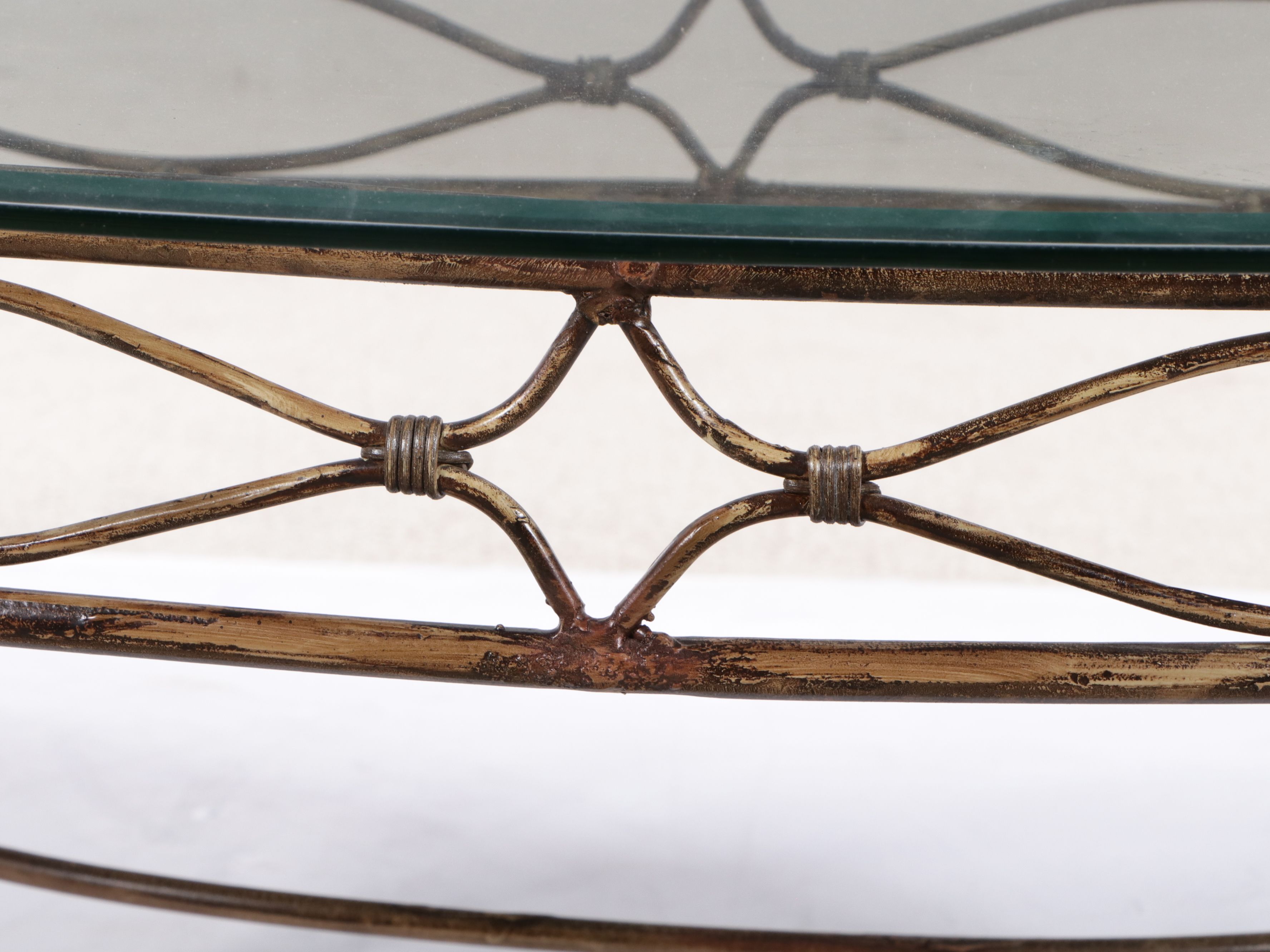 Neoclassical Style Glass Top Scrolled Metal Coffee Table