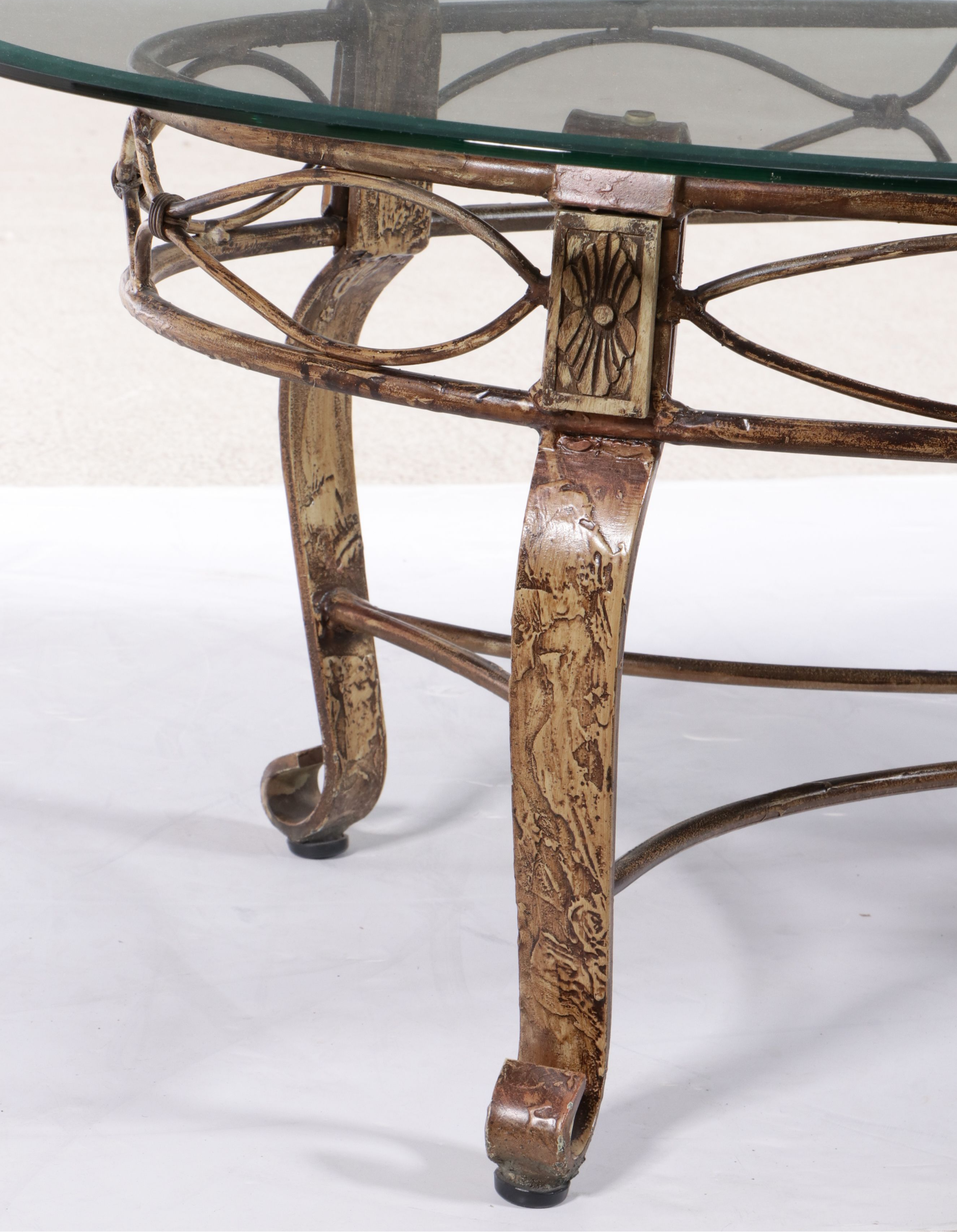 Neoclassical Style Glass Top Scrolled Metal Coffee Table