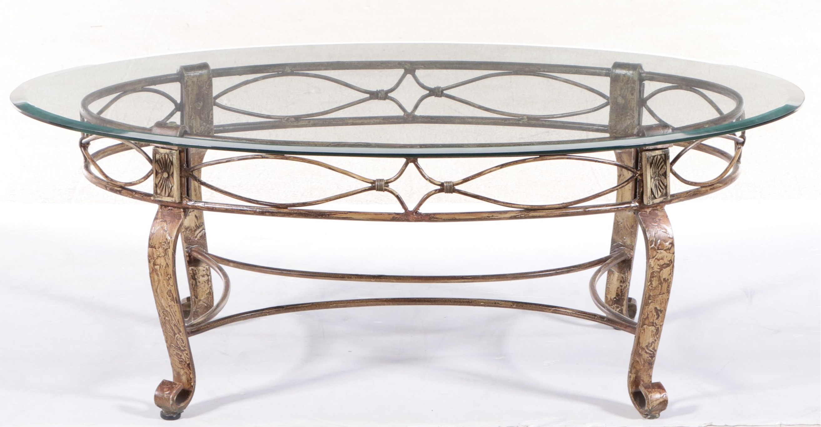 Neoclassical Style Glass Top Scrolled Metal Coffee Table