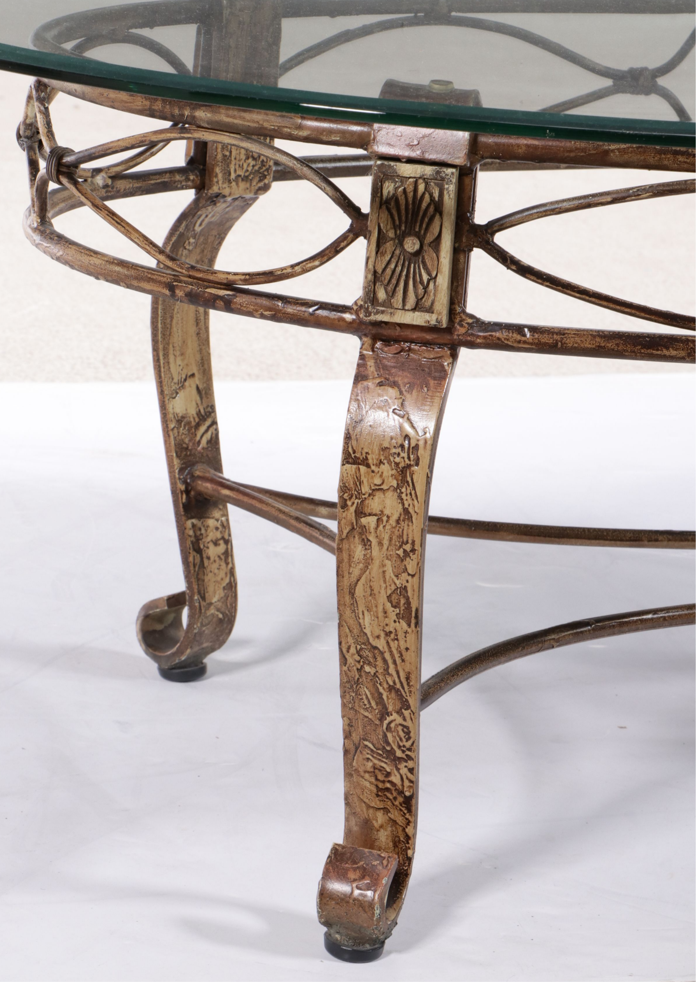 Neoclassical Style Glass Top Scrolled Metal Coffee Table