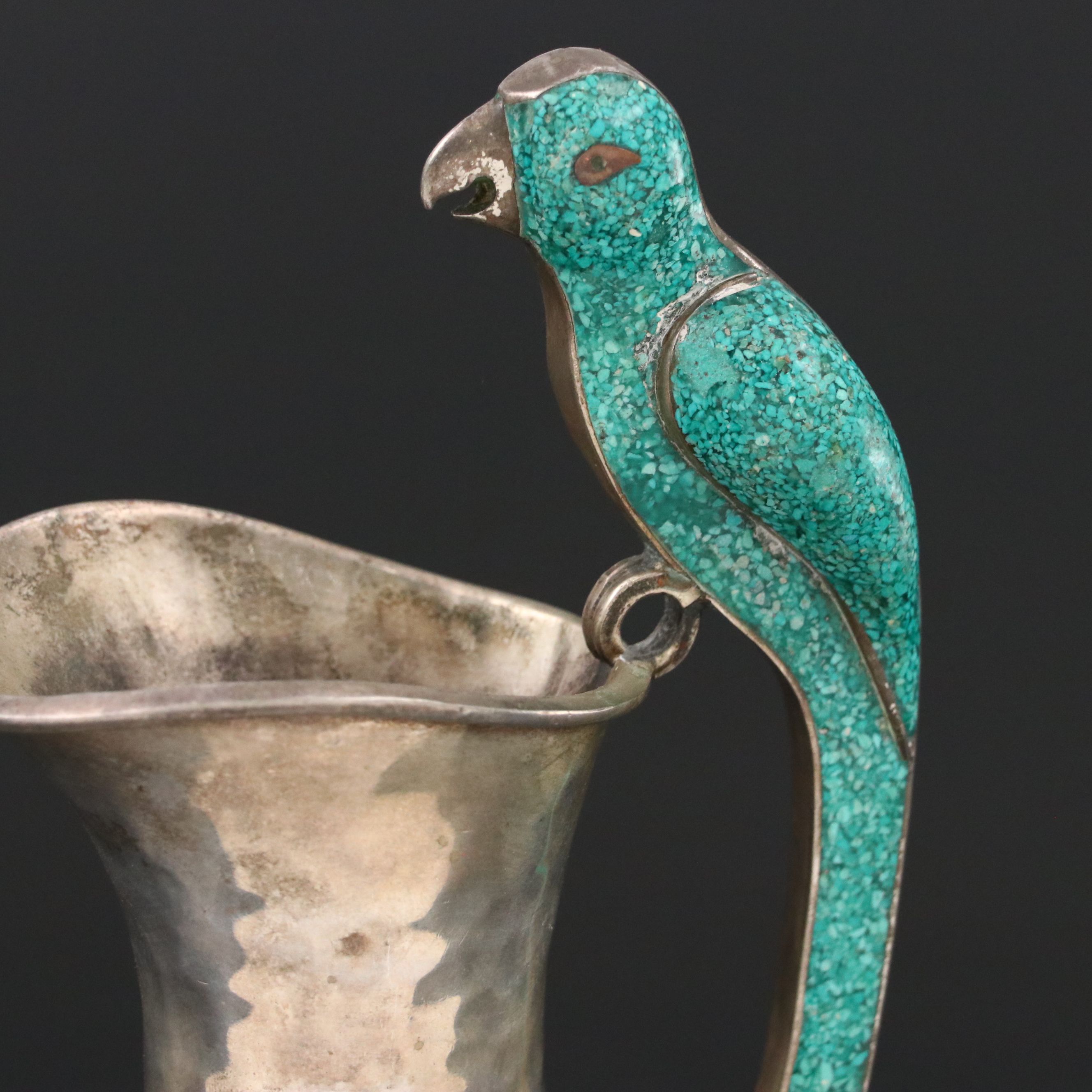 Mexican Hammered Silver Plate Pitcher with Chipped Stone Parrot Handle