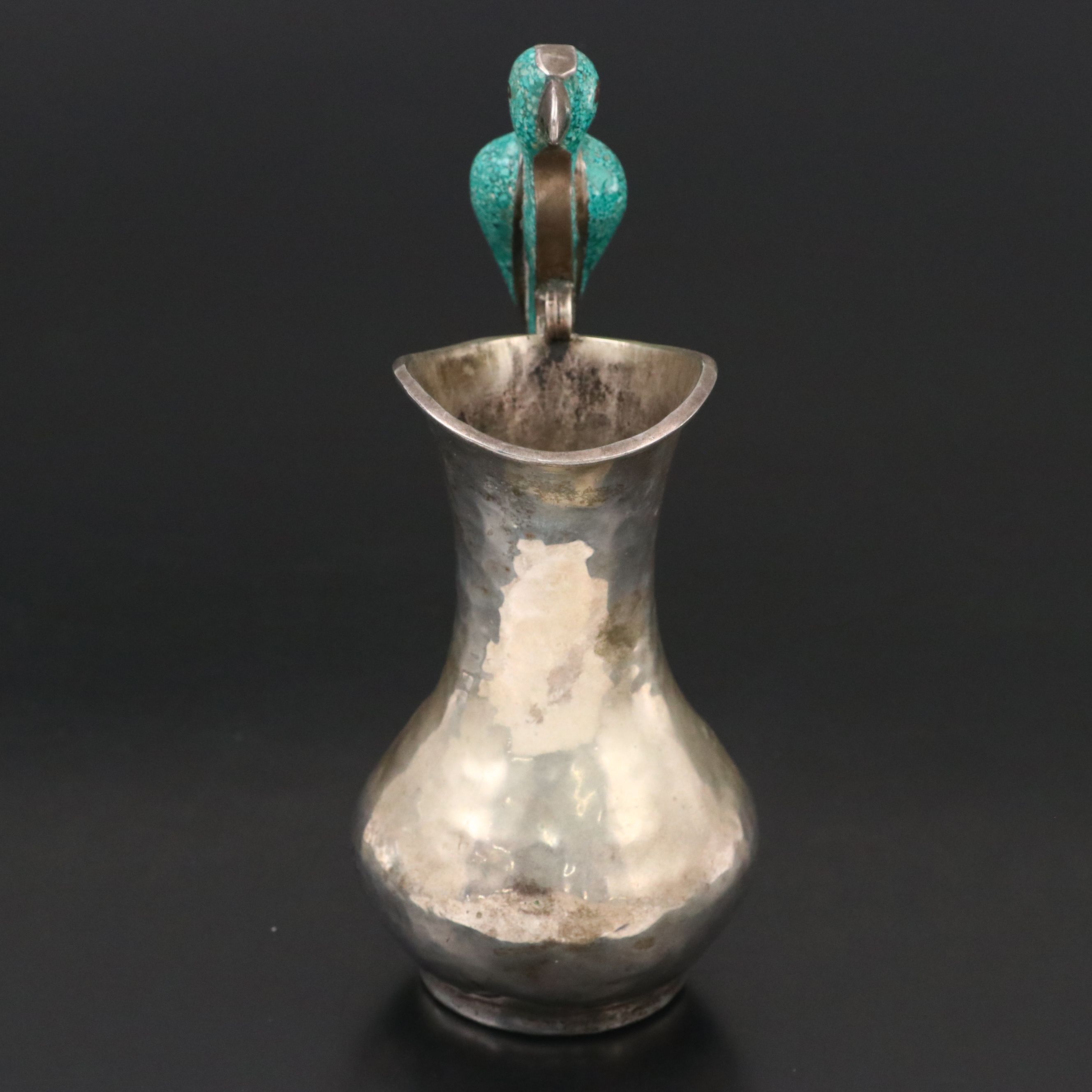Mexican Hammered Silver Plate Pitcher with Chipped Stone Parrot Handle