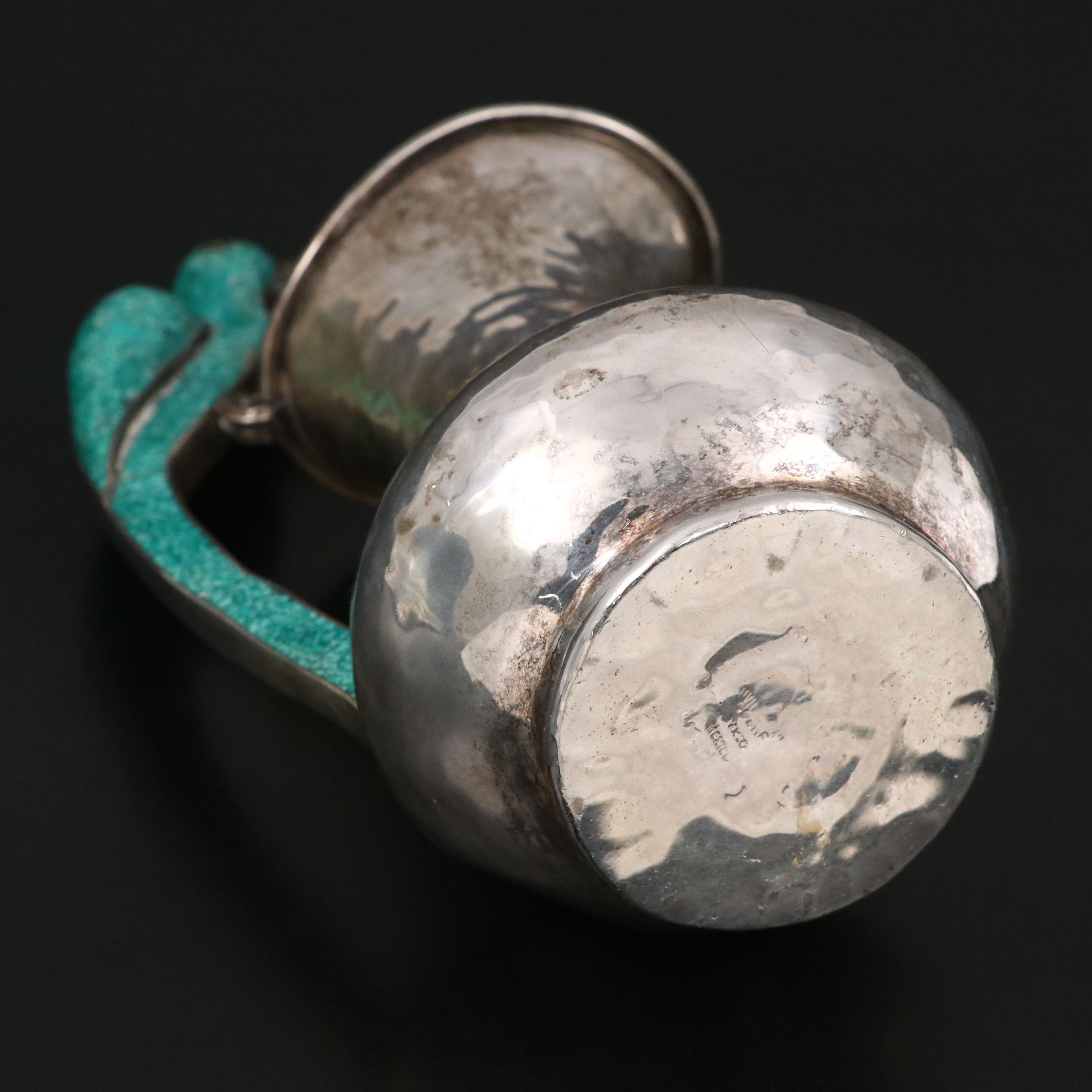 Mexican Hammered Silver Plate Pitcher with Chipped Stone Parrot Handle