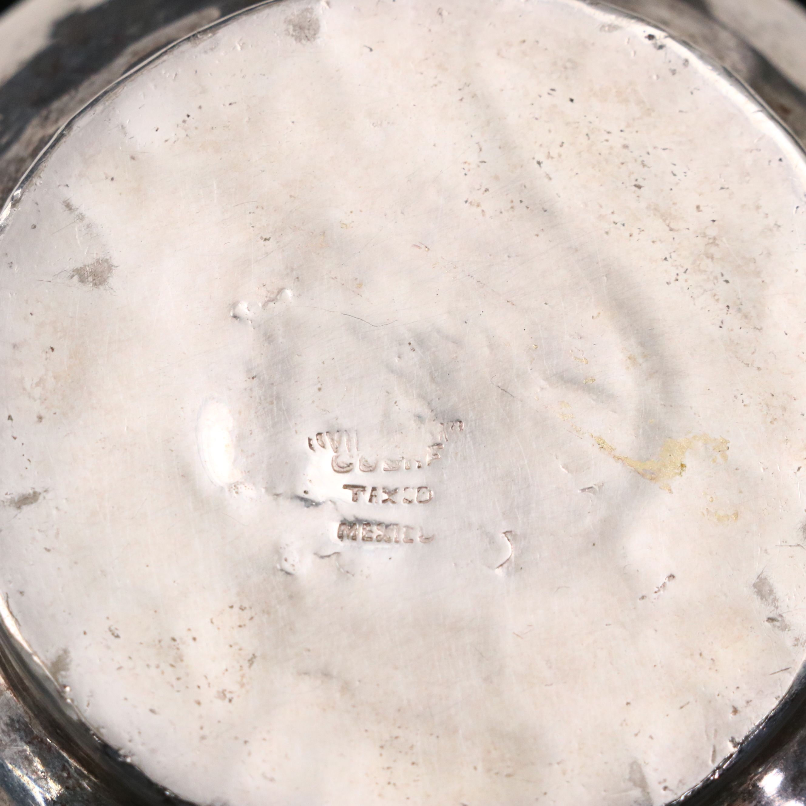 Mexican Hammered Silver Plate Pitcher with Chipped Stone Parrot Handle