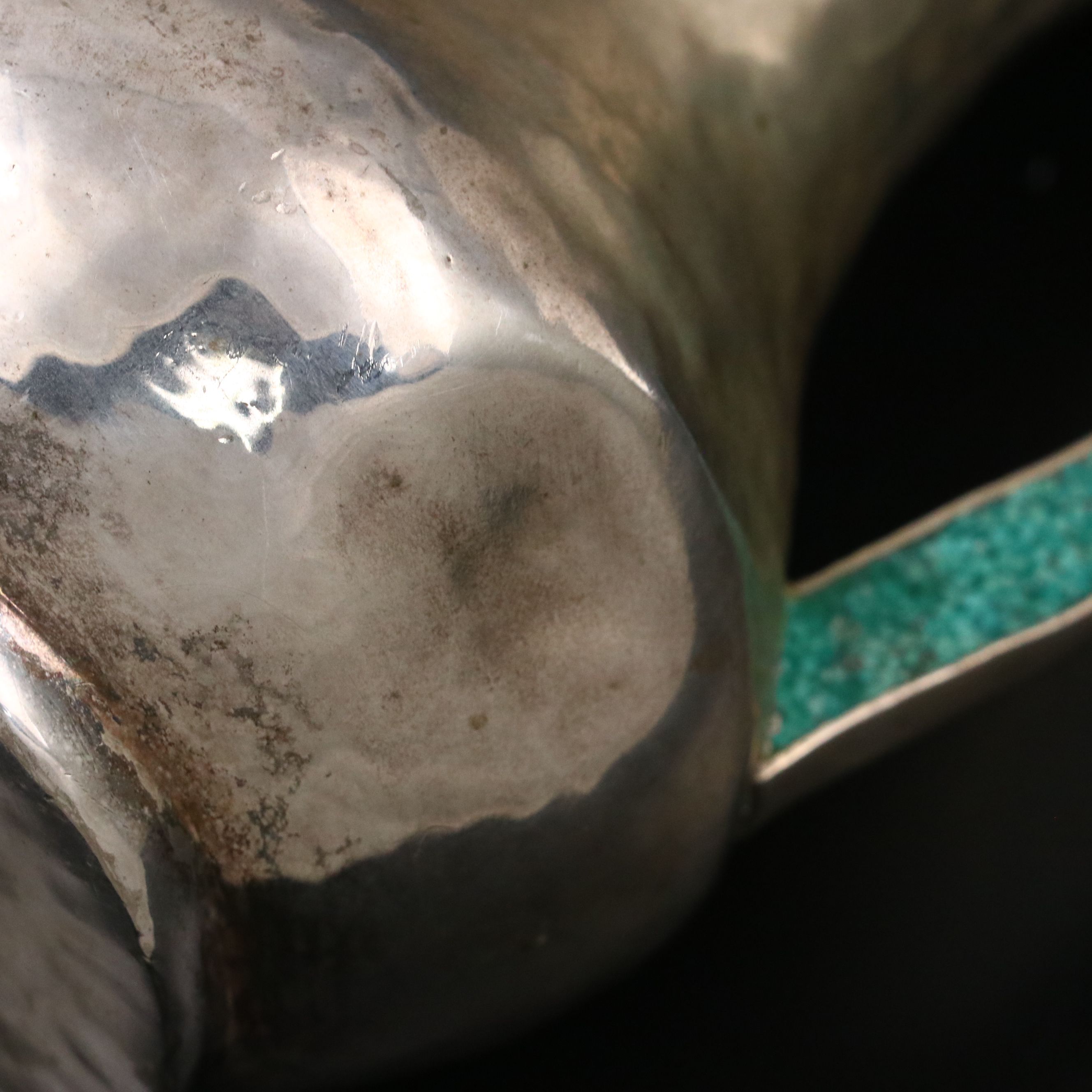 Mexican Hammered Silver Plate Pitcher with Chipped Stone Parrot Handle