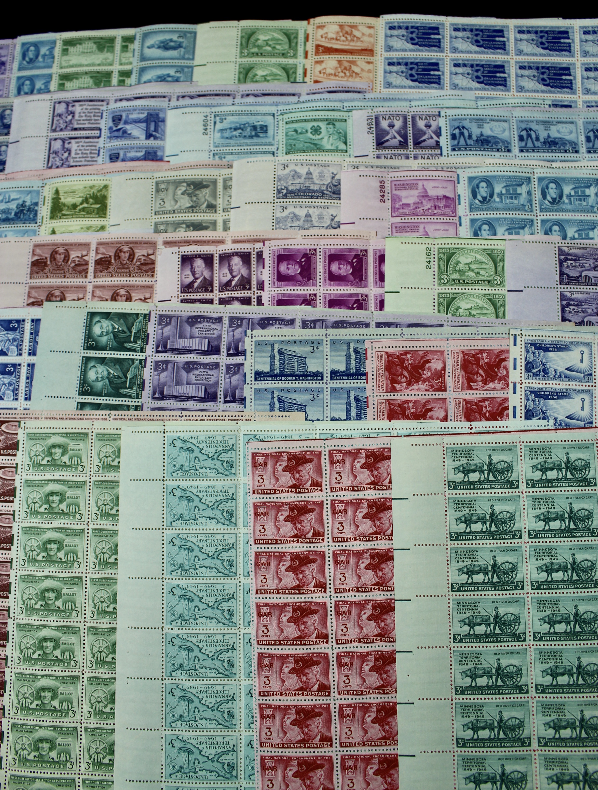 Forty-Five Different U.S. 3-Cent Postage Stamp Sheets, 1940s-1950s