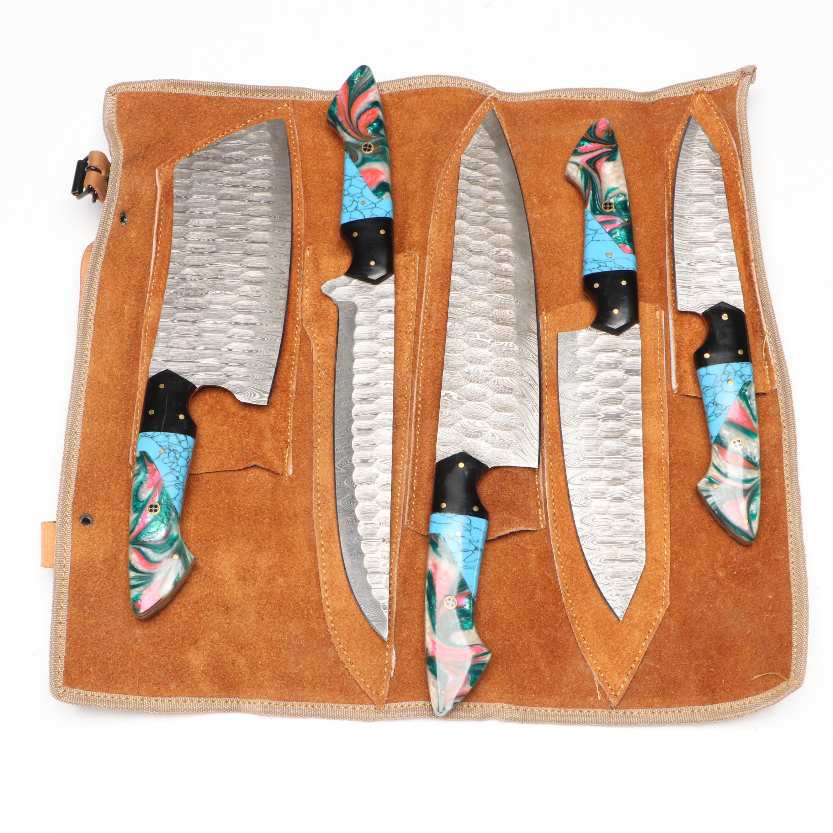 Damascus Steel and Marbled Handle Chef's Knife Set in Suede Leather Roll