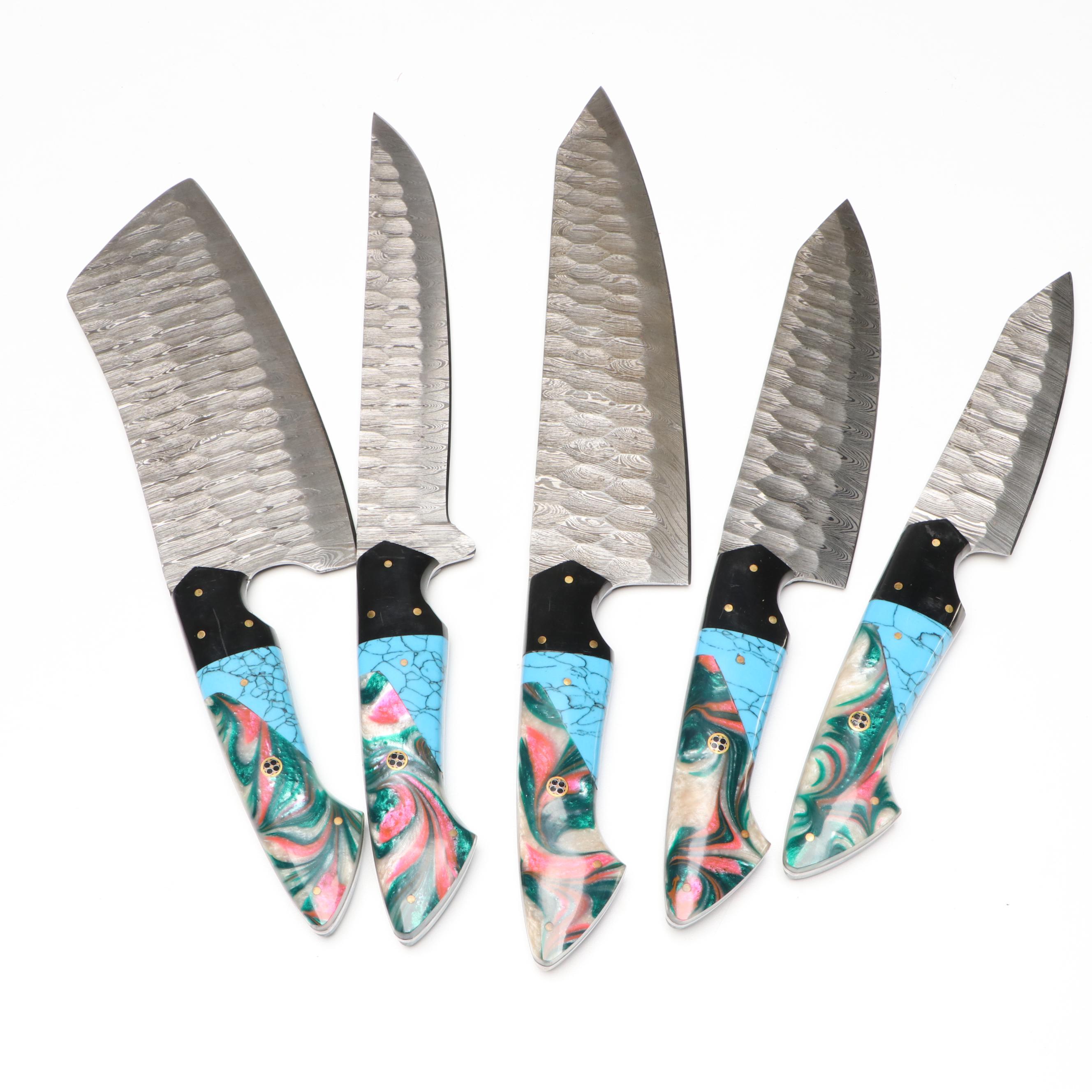 Damascus Steel and Marbled Handle Chef's Knife Set in Suede Leather Roll