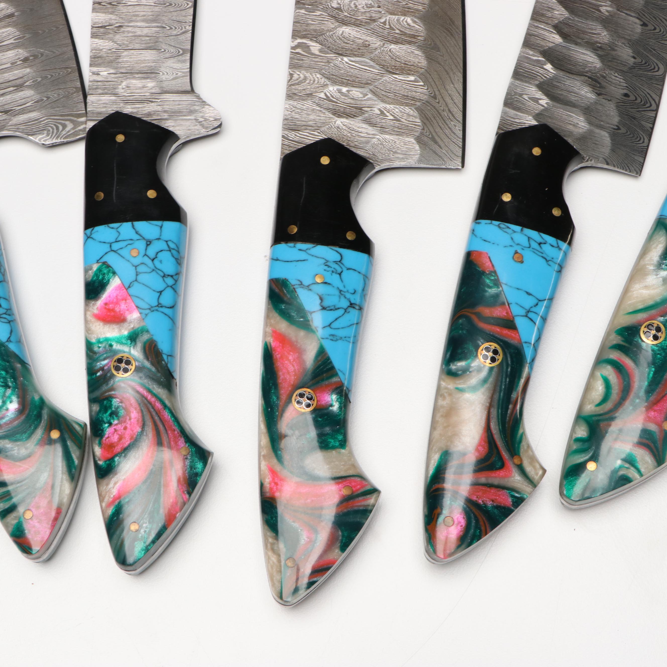 Damascus Steel and Marbled Handle Chef's Knife Set in Suede Leather Roll