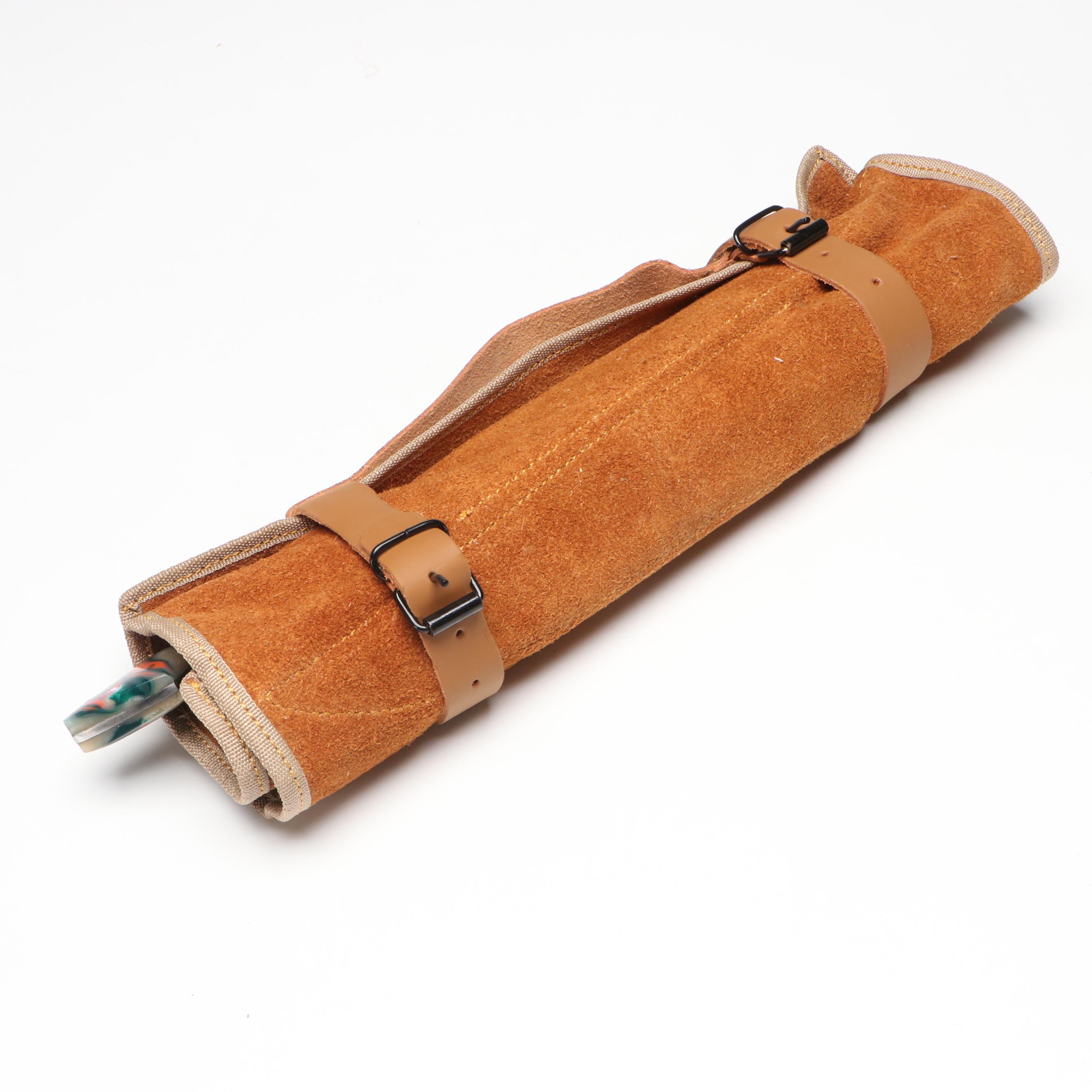 Damascus Steel and Marbled Handle Chef's Knife Set in Suede Leather Roll