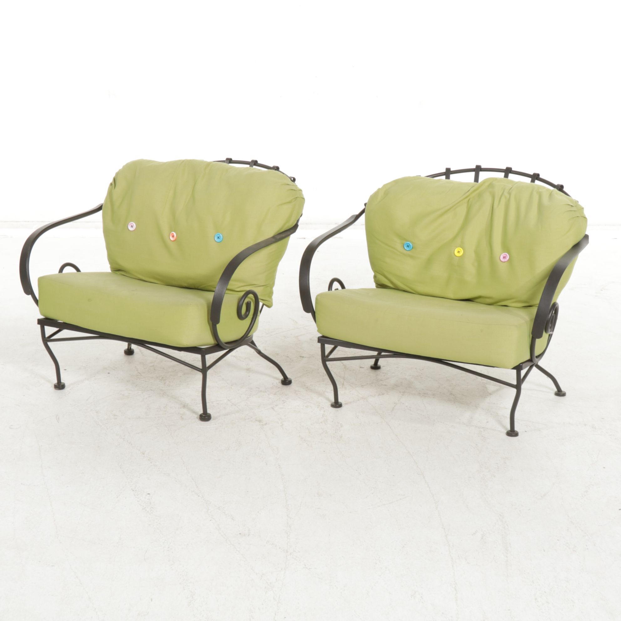 Wrought Iron Patio Armchairs with Multicolor Buttons and Footstool