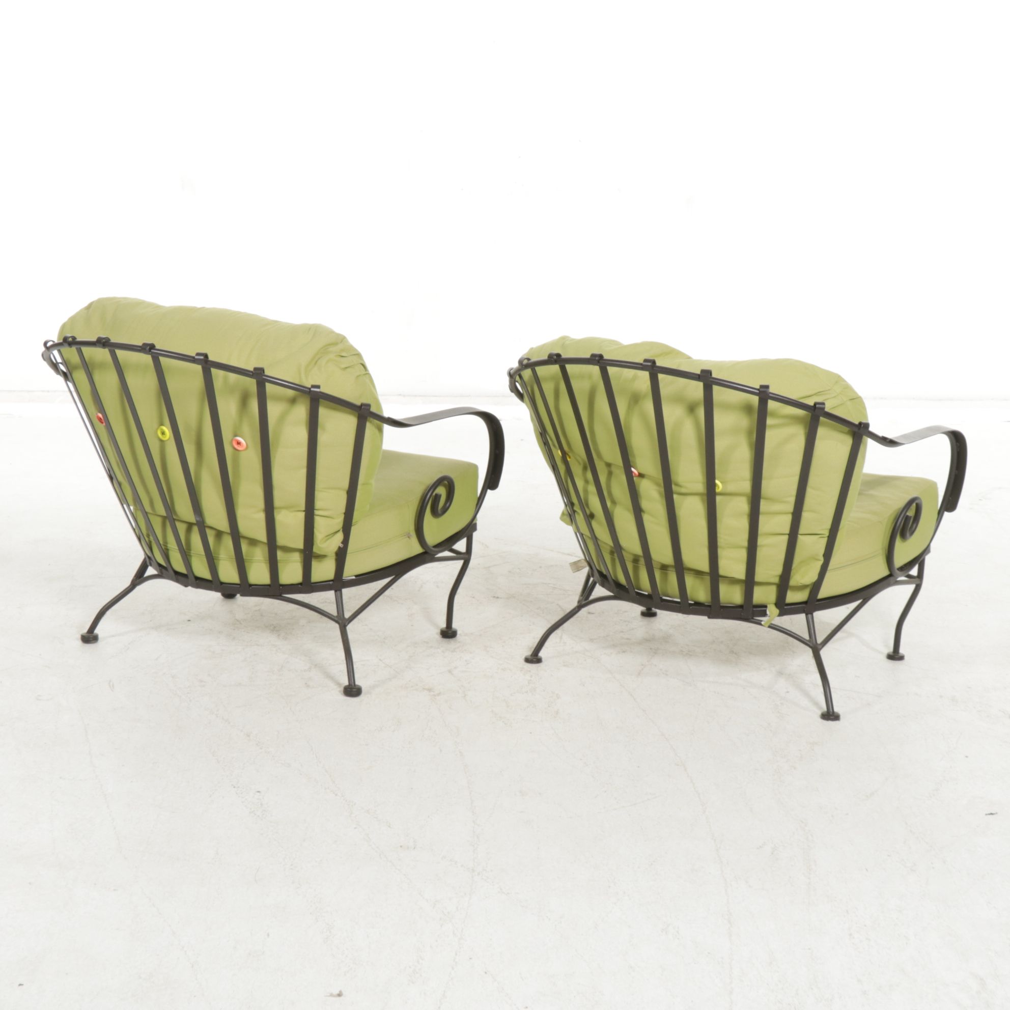 Wrought Iron Patio Armchairs with Multicolor Buttons and Footstool