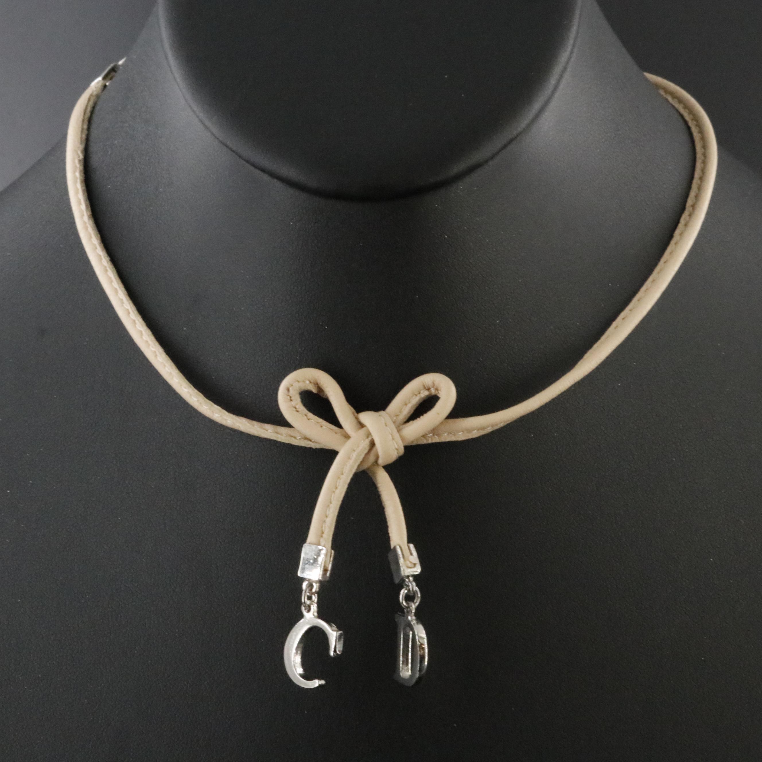 Christian Dior CD Faux Leather Bow Necklace