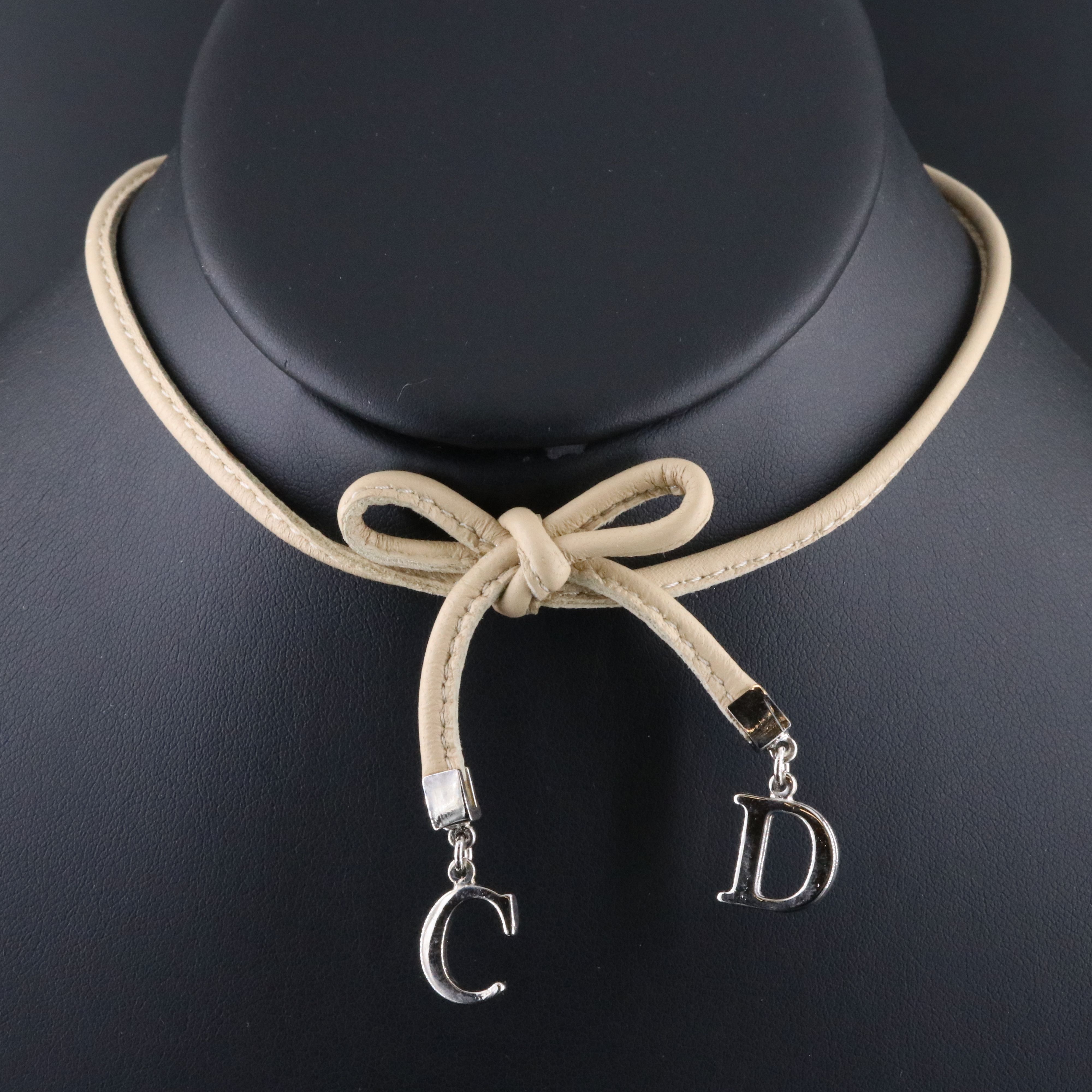 Christian Dior CD Faux Leather Bow Necklace